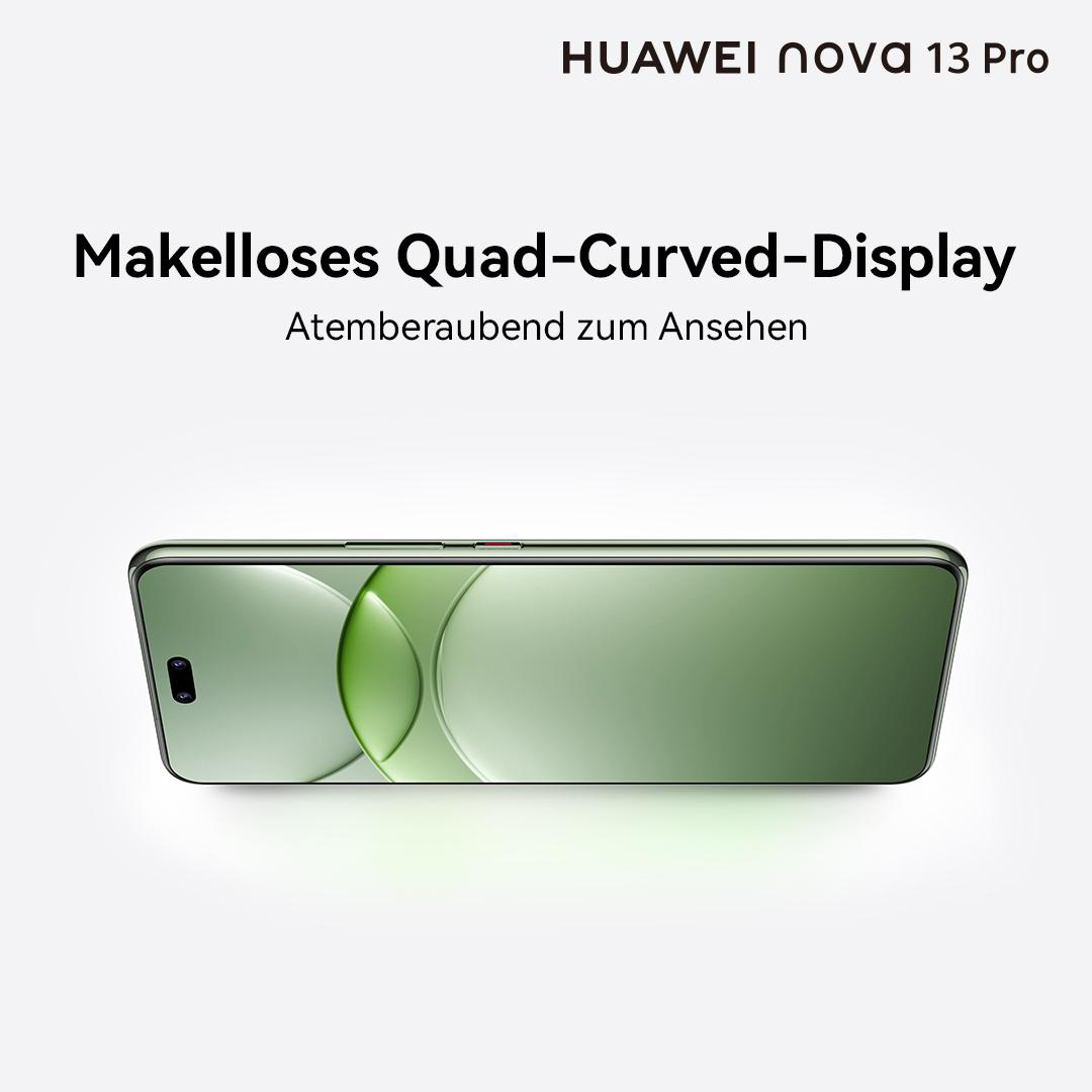 Grünes Smartphone mit gebogenem Bildschirm, von oben betrachtet. Display ist an.