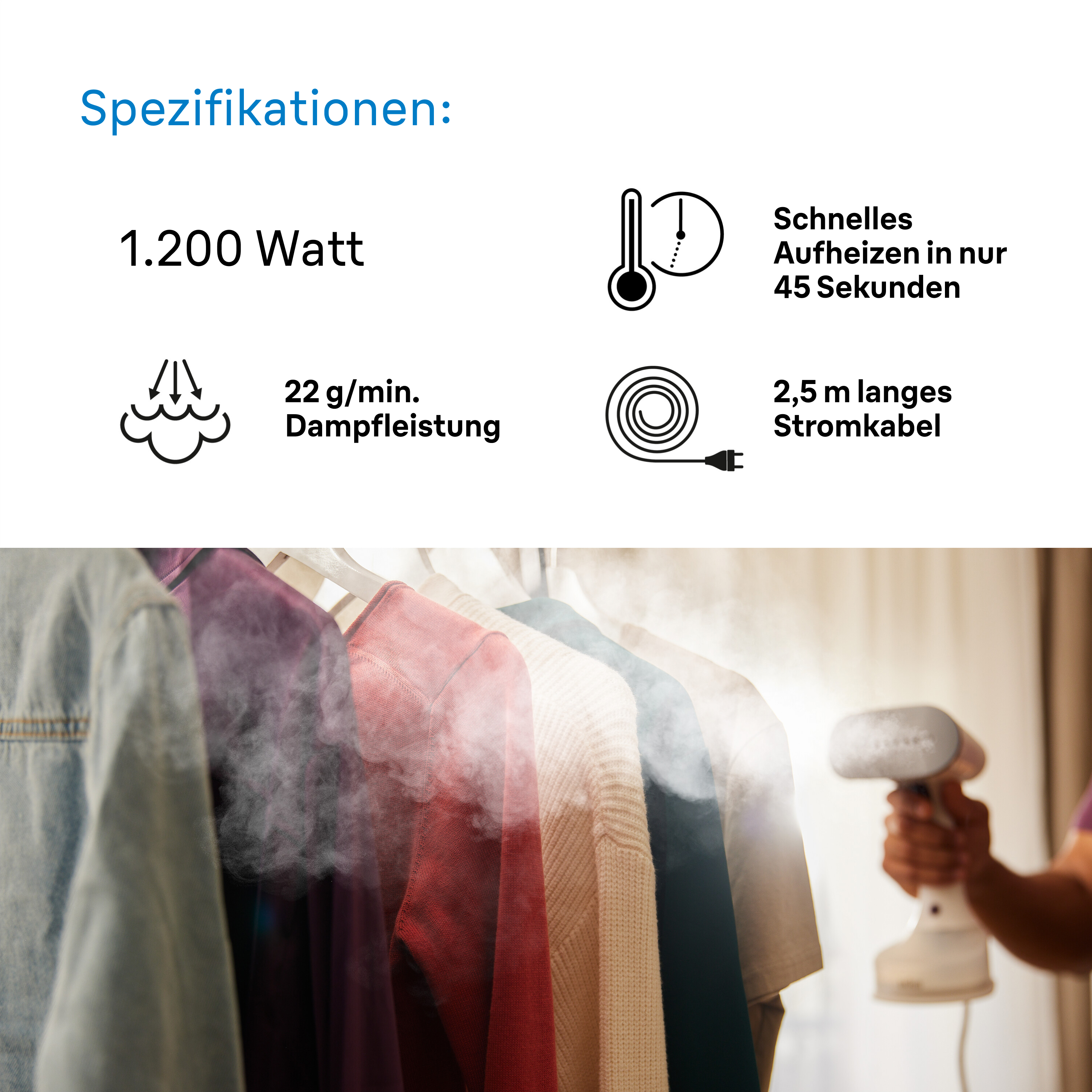 Ein Kleidungsdampfer mit Dampf, der auf hängende Kleidung trifft. Eine Person hält das Gerät.