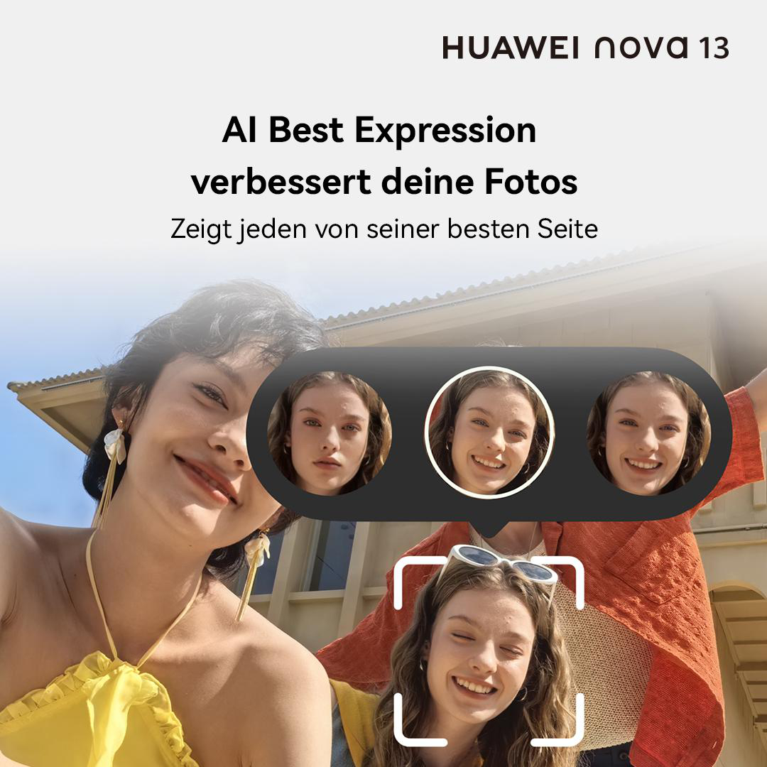 Drei lächelnde Frauen, mit Telefon, das Gesichtsvergleichsoptionen zeigt.