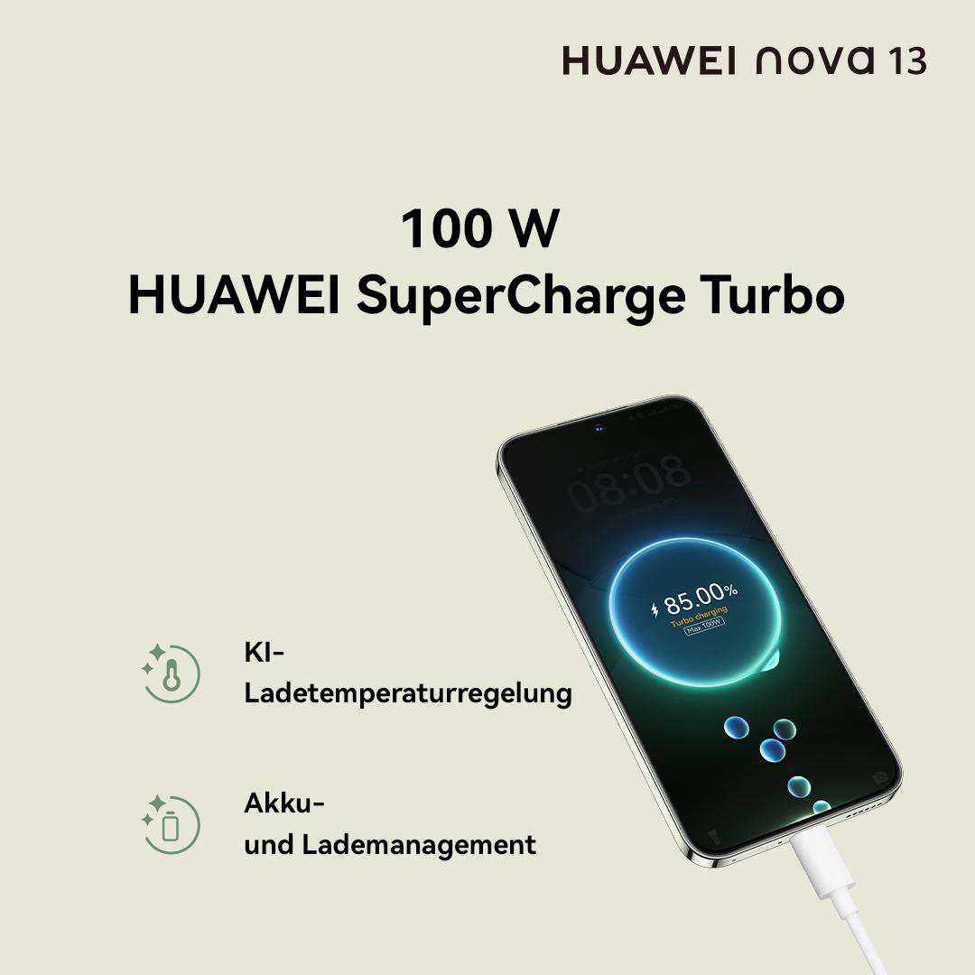 Ein Telefon wird geladen, zeigt 85 % an, mit Ladedetails und dem Text: Huawei Nova 13.