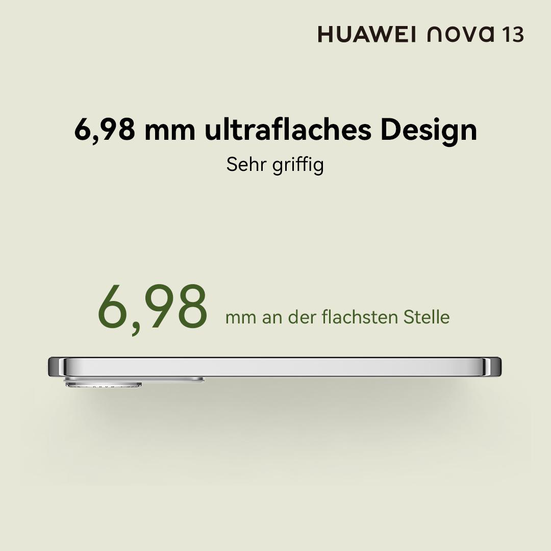 Silbernes Telefon, Seitenansicht, zeigt dünnes Design und Text auf Deutsch.