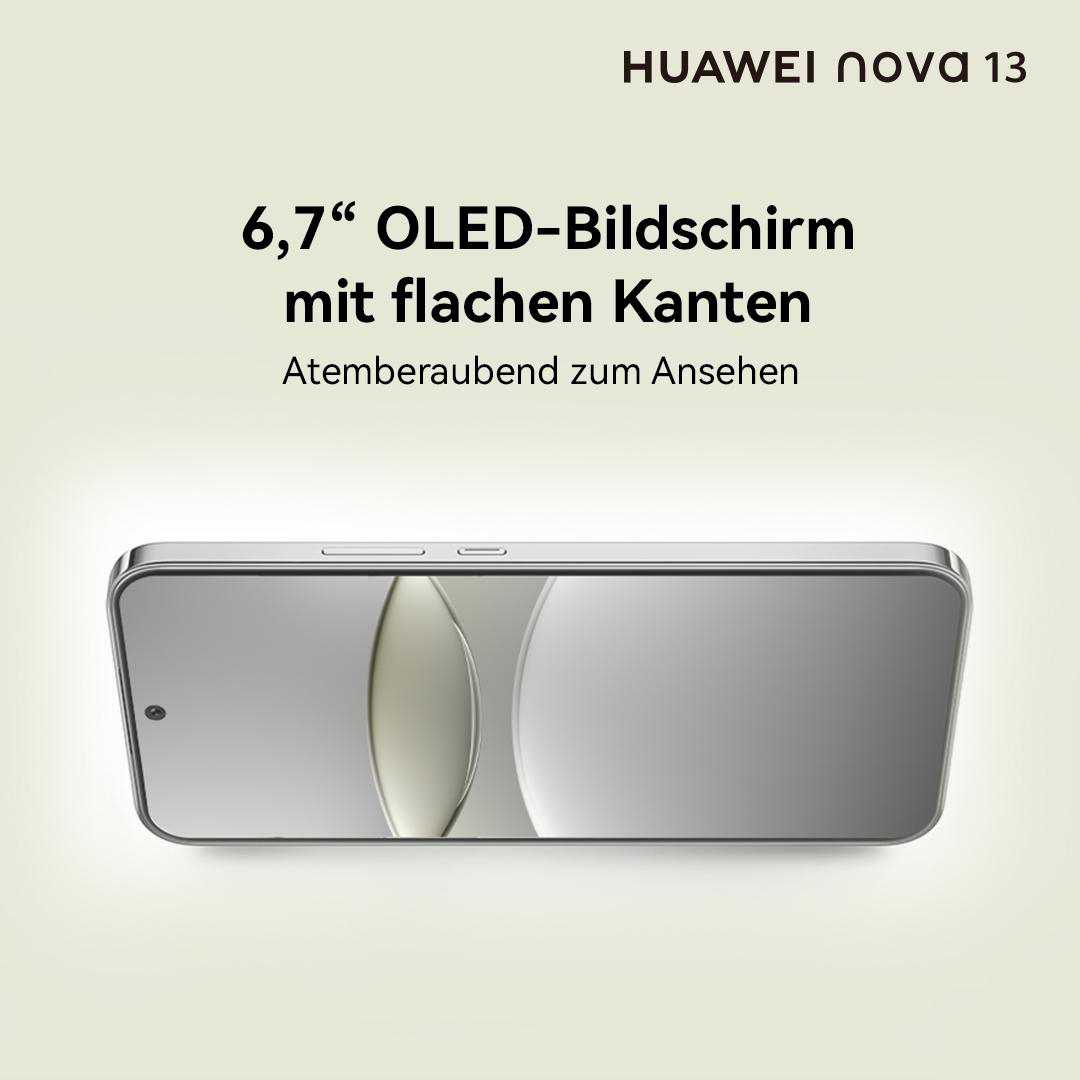Ein silbernes Telefon wird gezeigt, das einen Bildschirm mit einem weißen und grauen Farbverlauf zeigt, mit dem Text „HUAWEI nova 13“ oben.