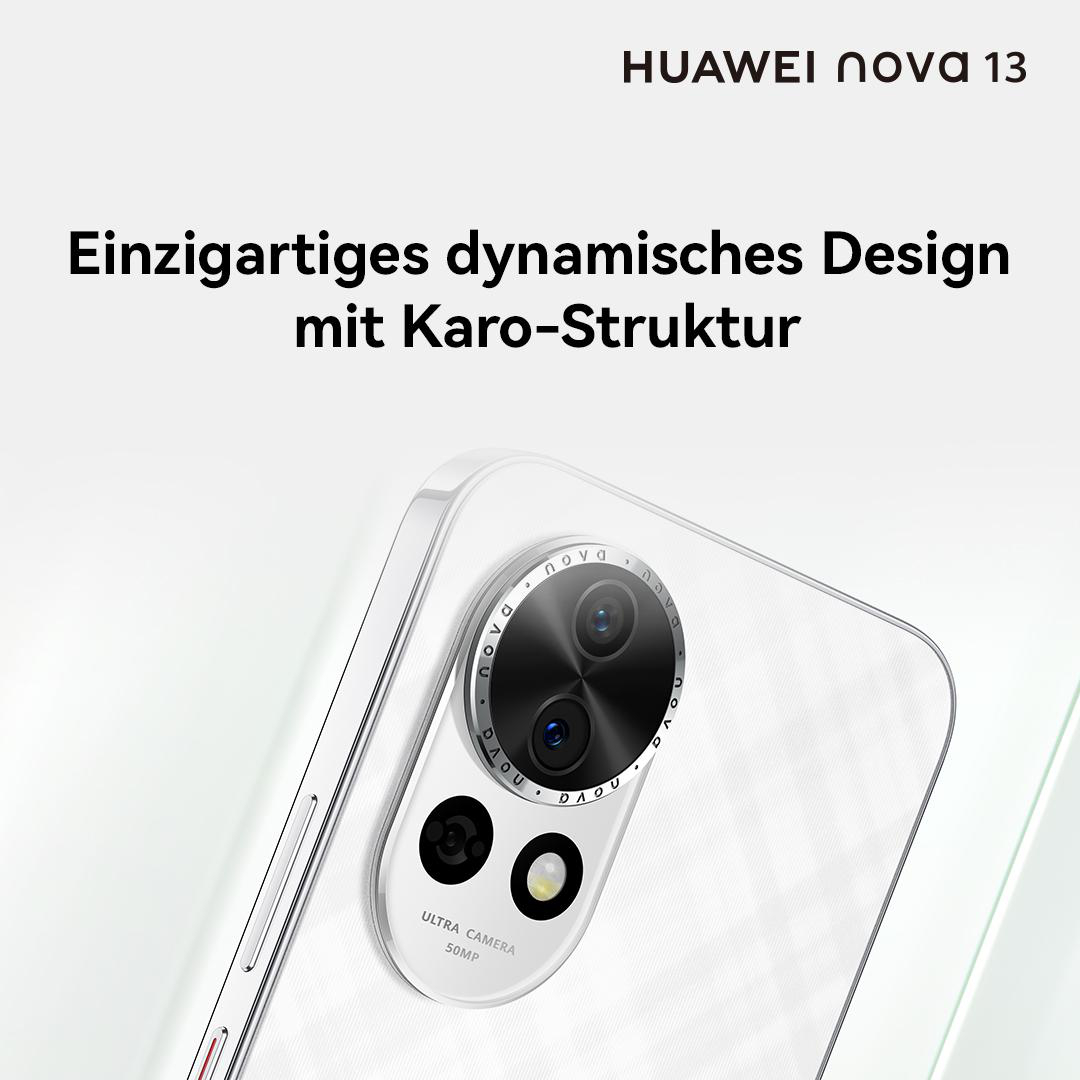 Die Rückseite eines weißen Telefons. Es verfügt über eine Kameraanordnung und ein strukturiertes Design. Der Text lautet „HUAWEI nova 13“ und „Ultra Camera 50MP“.