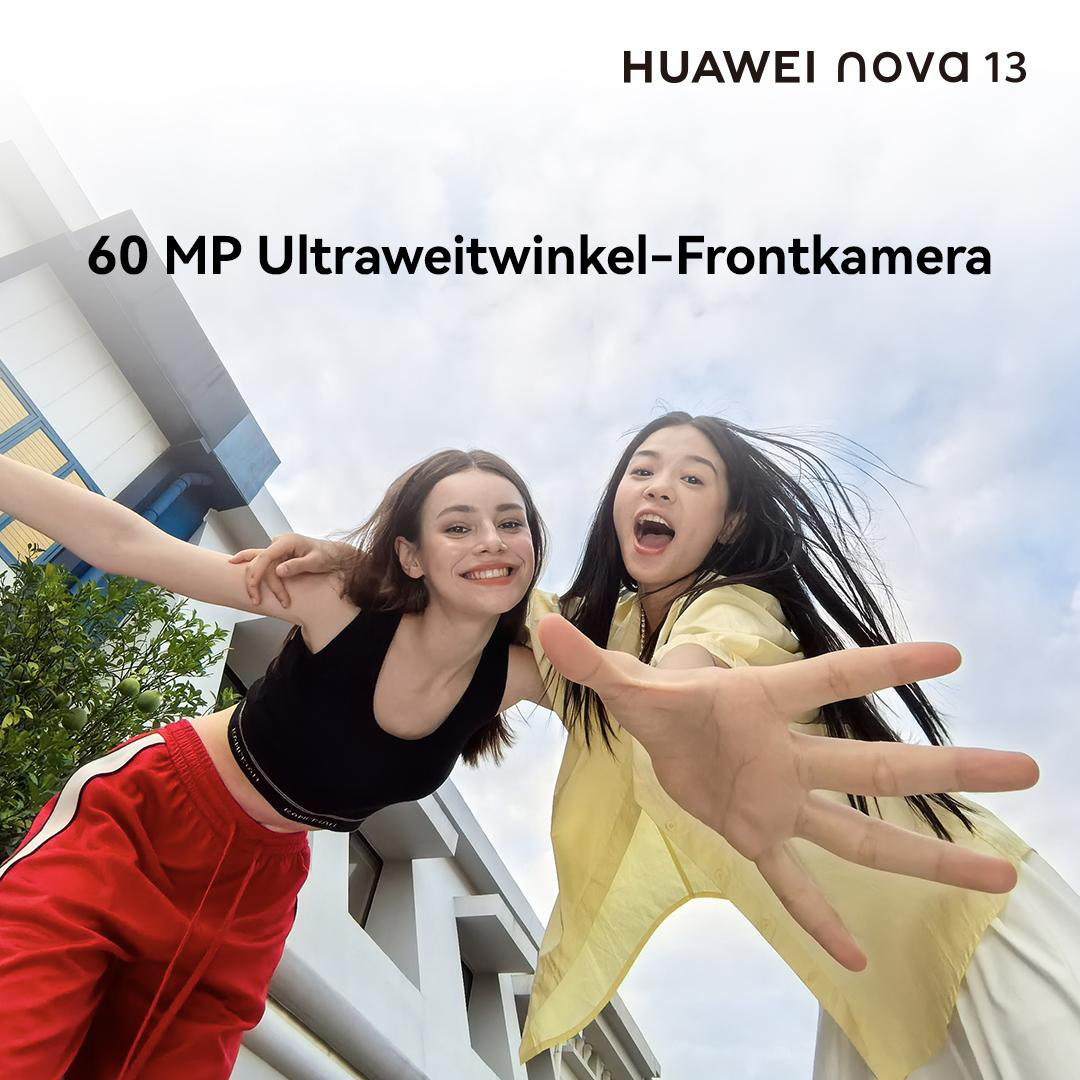 Zwei junge Frauen posieren mit ausgestreckten Armen, Text: Huawei nova 13.