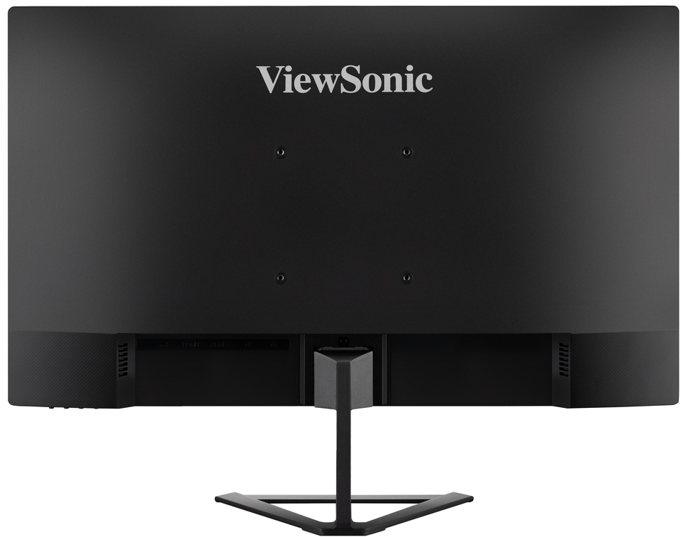 Siyah bir bilgisayar monitörünün arkası, bir stand ile. Üstte "ViewSonic" markası var.