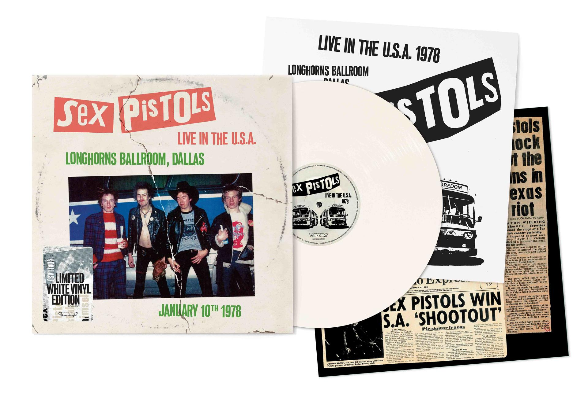 Pochette d'album des Sex Pistols avec un disque vinyle blanc et des coupures de journaux.