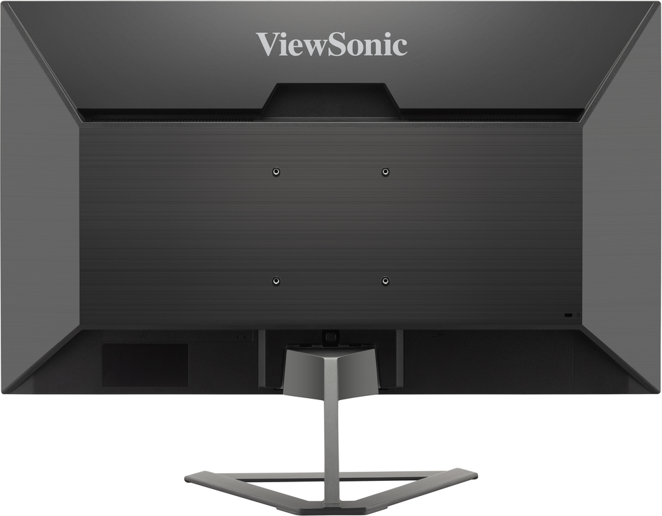 Siyah bir monitörün arka görünümü. Bir standı ve ViewSonic logosu var.