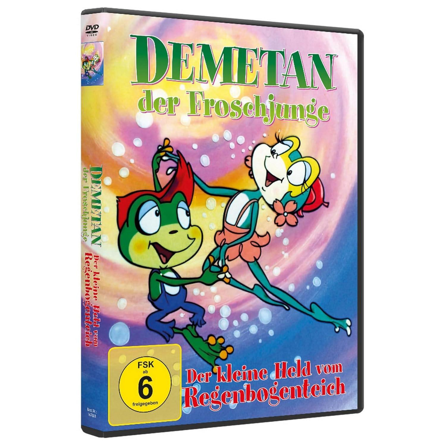 Ein DVD-Cover eines Zeichentrickfilms mit einem Frosch und einem tanzenden Mädchen. Der Titel lautet „Demetan der Froschjunge“.