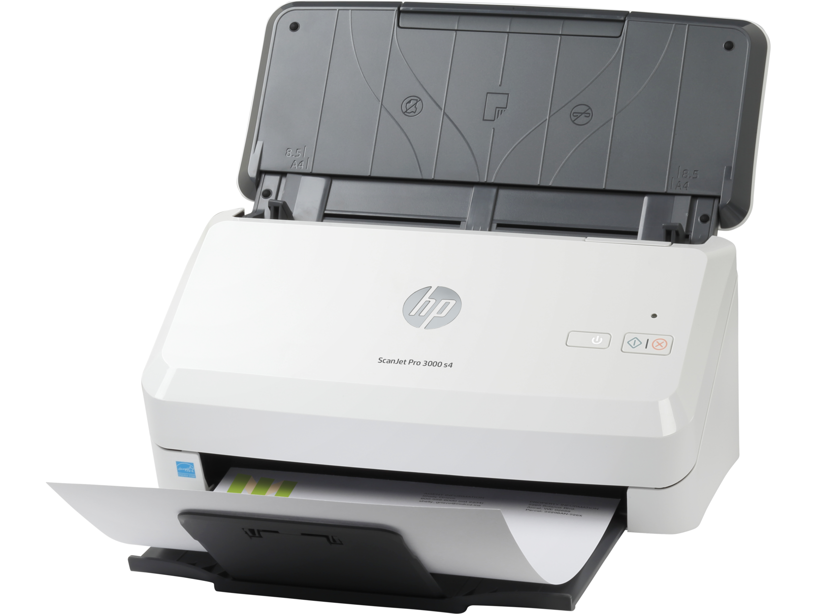 Beyaz HP tarayıcı, açık, bir belge ve HP ScanJet Pro 3000 s4 etiketiyle.