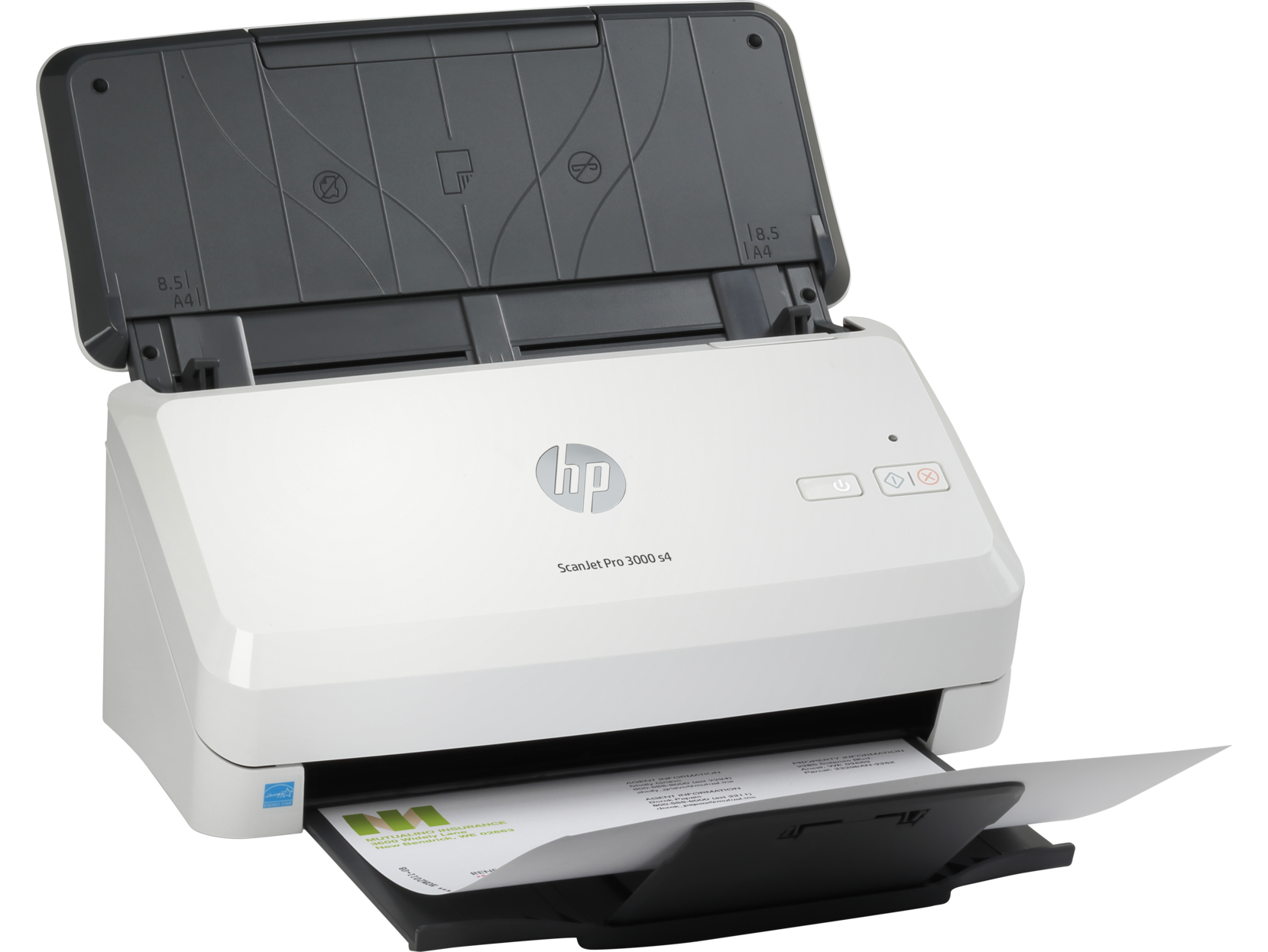 Açık kapaklı ve içinde bir belge bulunan beyaz HP Scanjet Pro 3000 s4 tarayıcı.