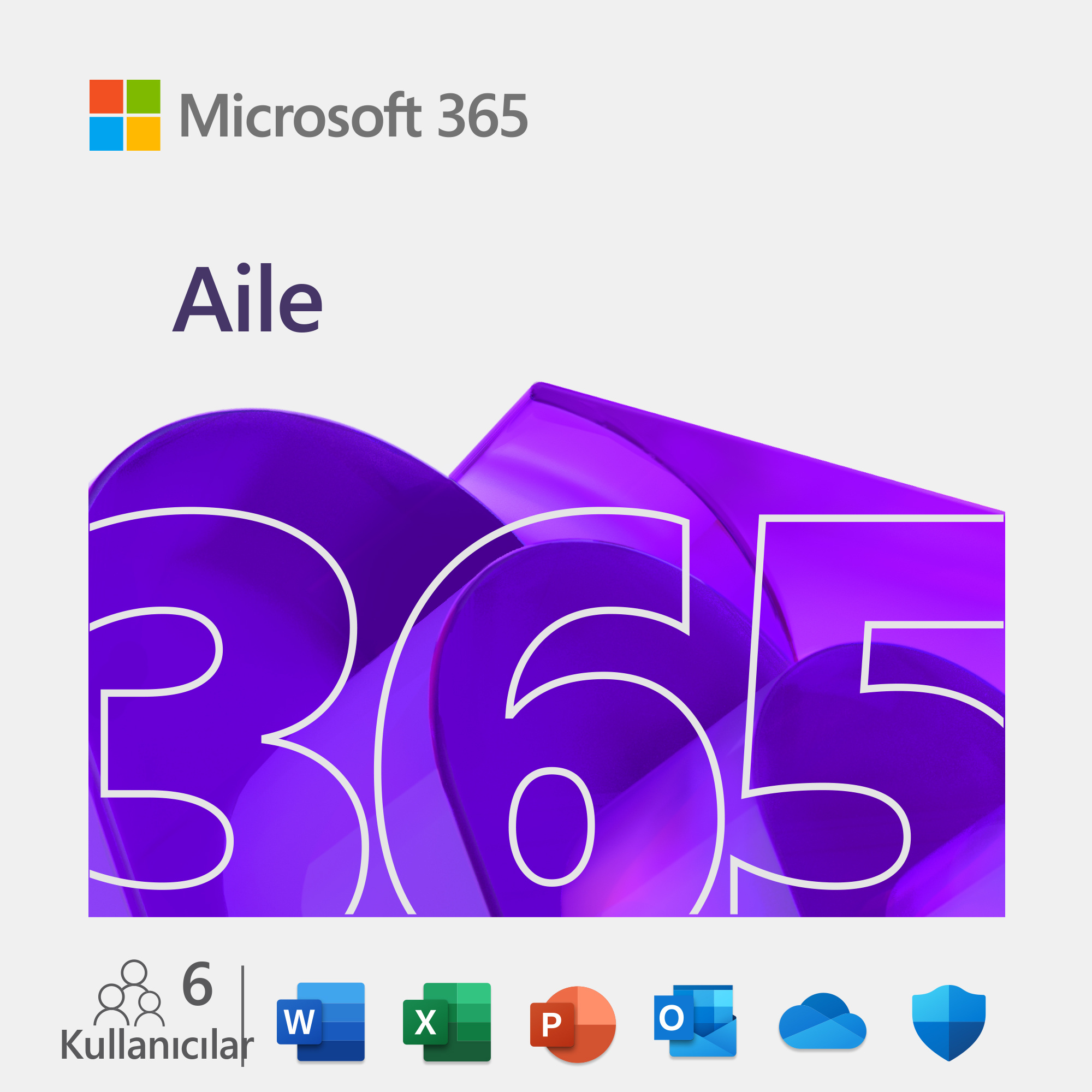 Microsoft 365 Aile paketi. 365 numaralı mor tasarım. Simgeler ve metin.