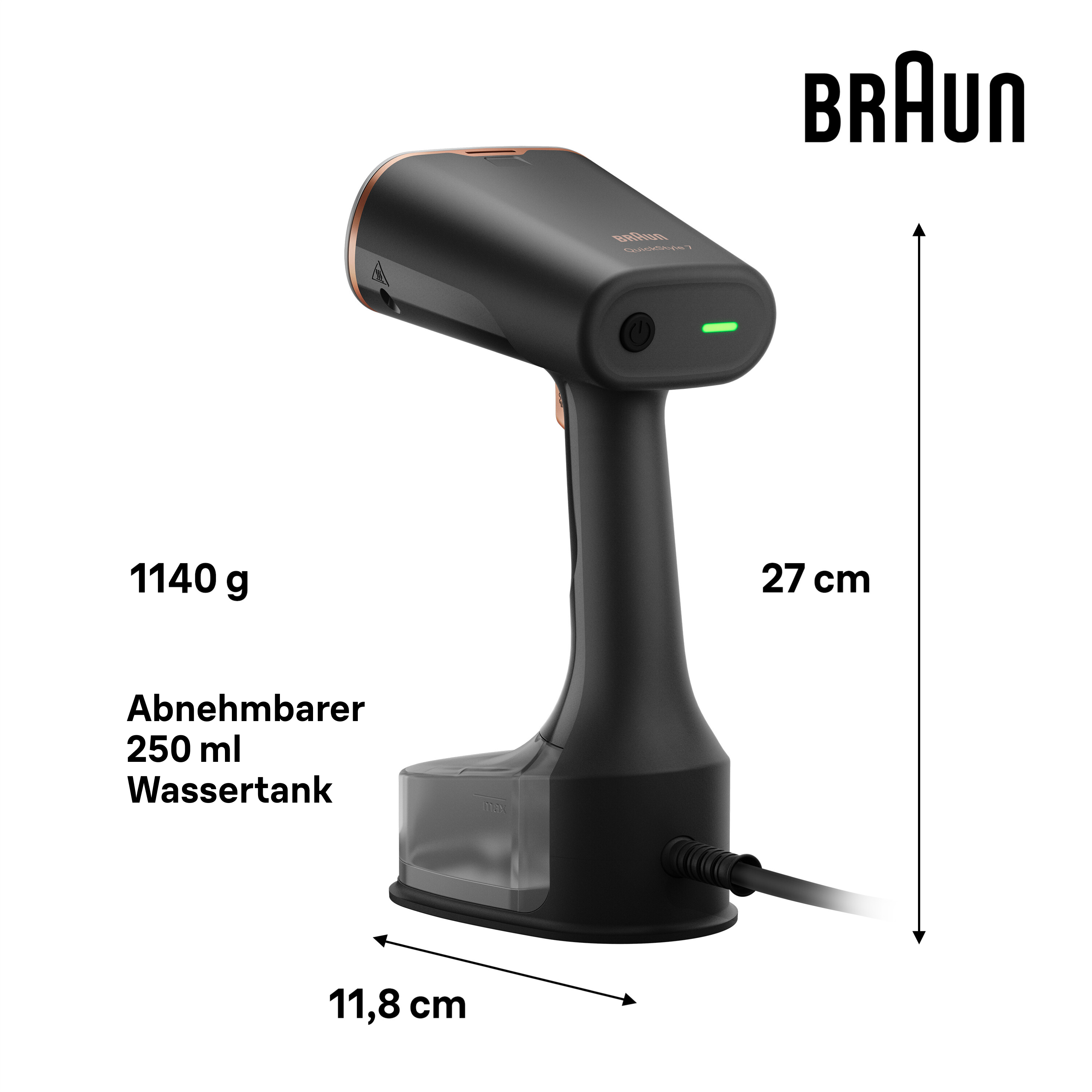 Braun Handdampfer mit Abmessungen. Er ist schwarz und kupferfarben. Maße: 27 cm Höhe, 11,8 cm Breite, Gewicht 1140g.
