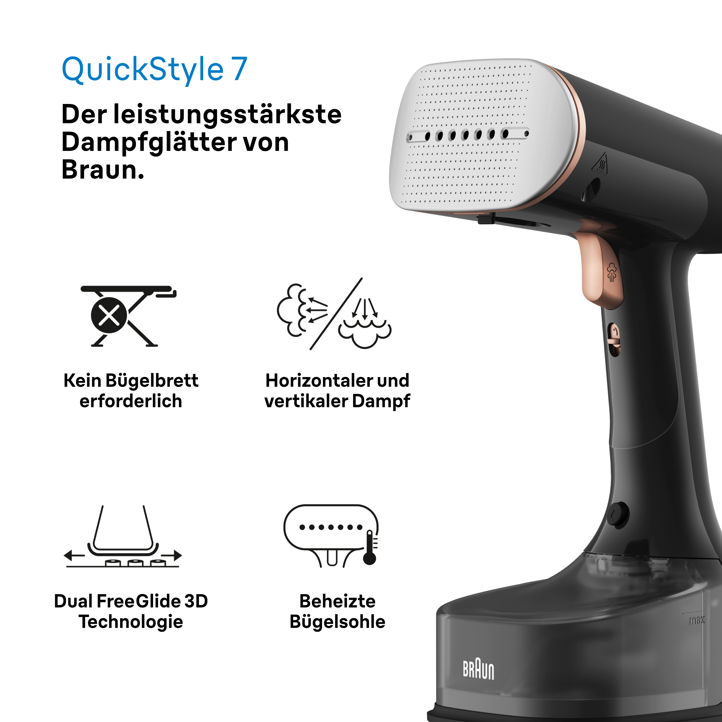 Ein schwarz-kupferfarbenes Dampfbügeleisen mit Symbolen und Text, QuickStyle 7.
