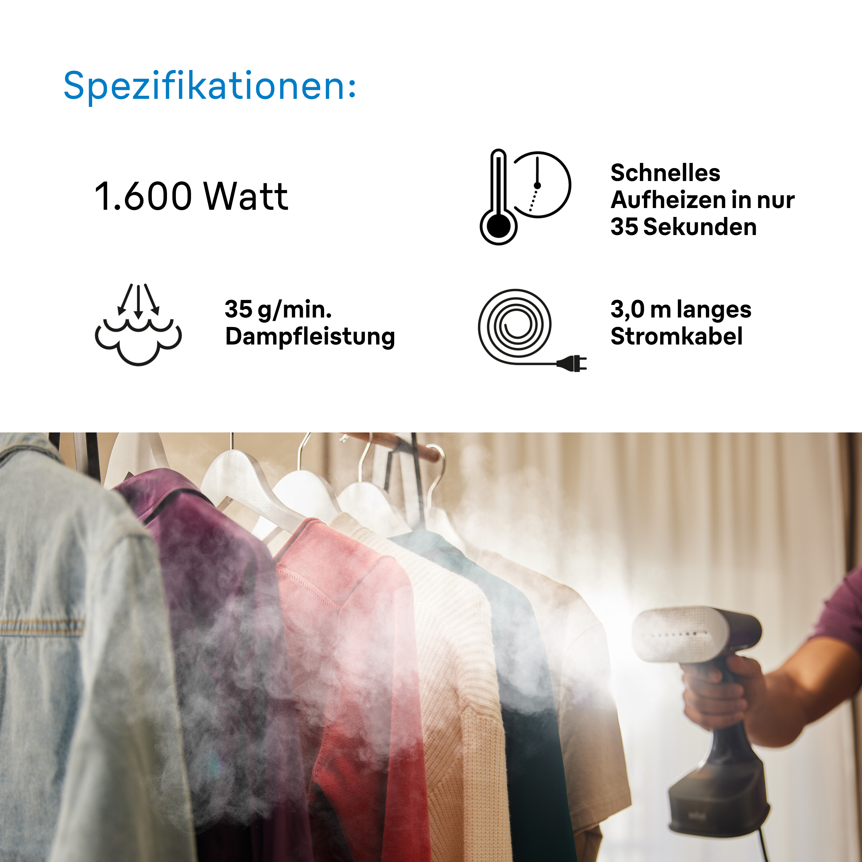 Dampfreiniger mit Kleidung auf einem Gestell. Text über Dampfleistung und Aufheizzeit.