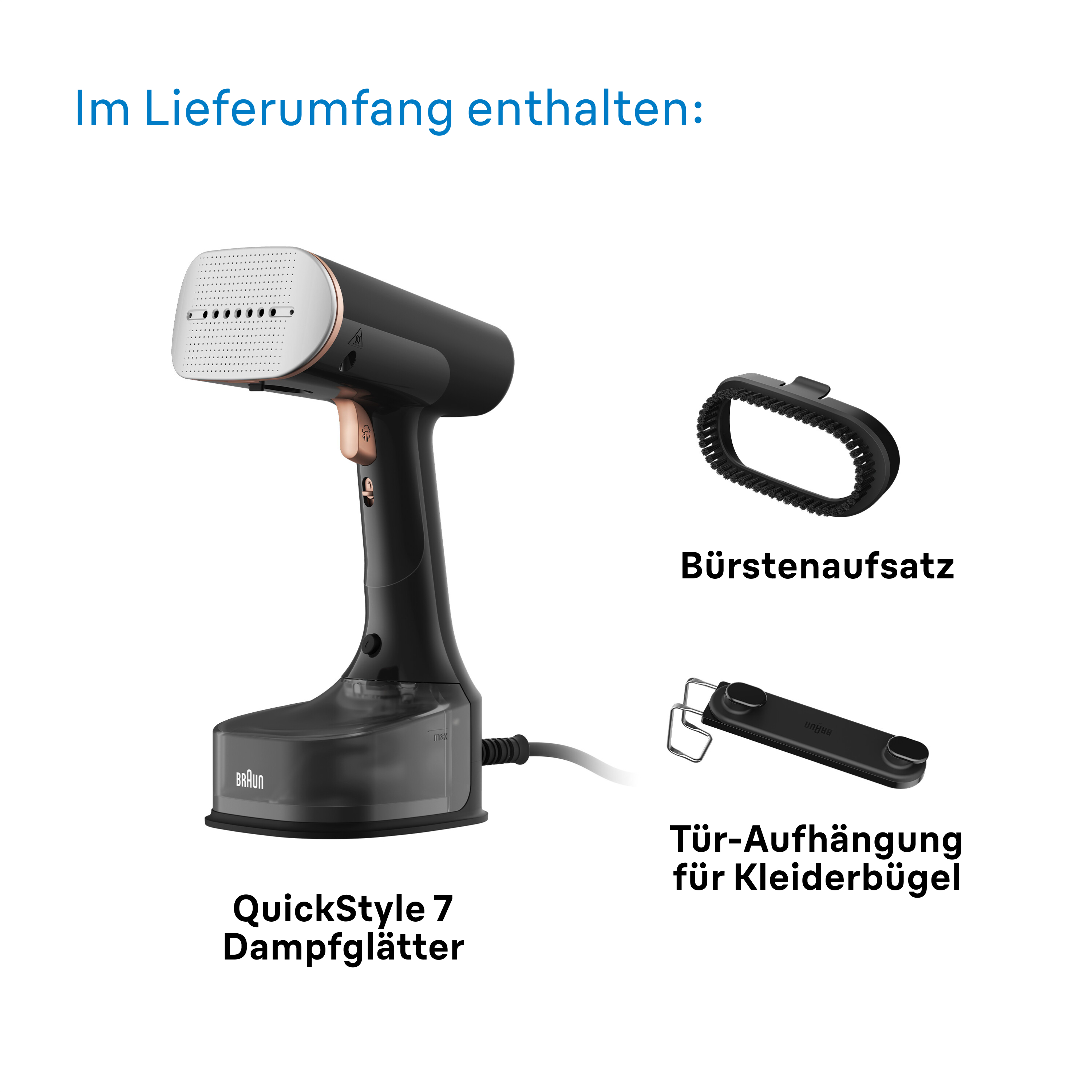 Verschiedenes Zubehör für einen Dampfglätter, einschließlich Bürste und Kleiderbügel.