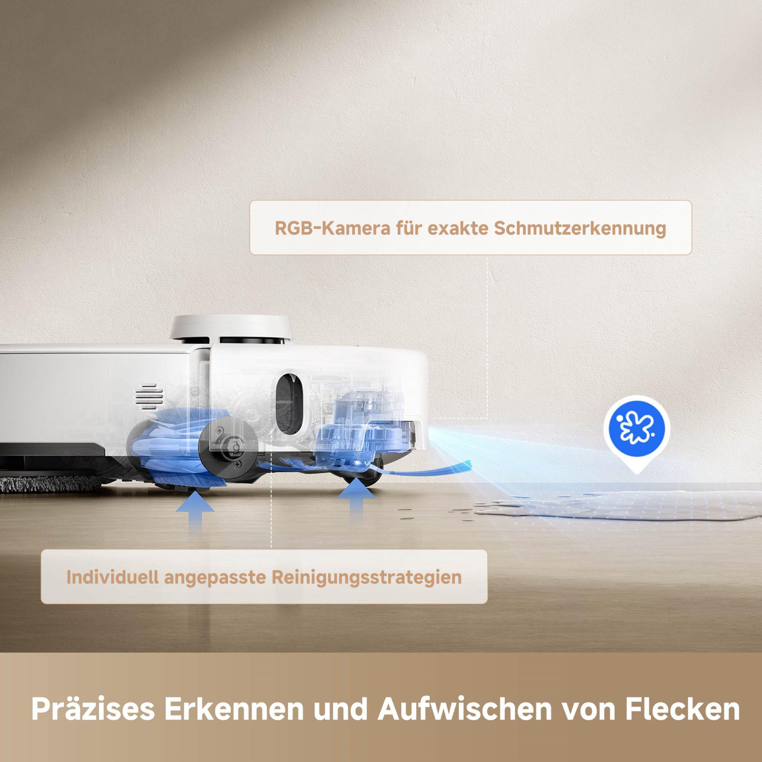 Weißer Roboter-Staubsauger mit blauen Details, der auf einem hellen Holzboden reinigt.