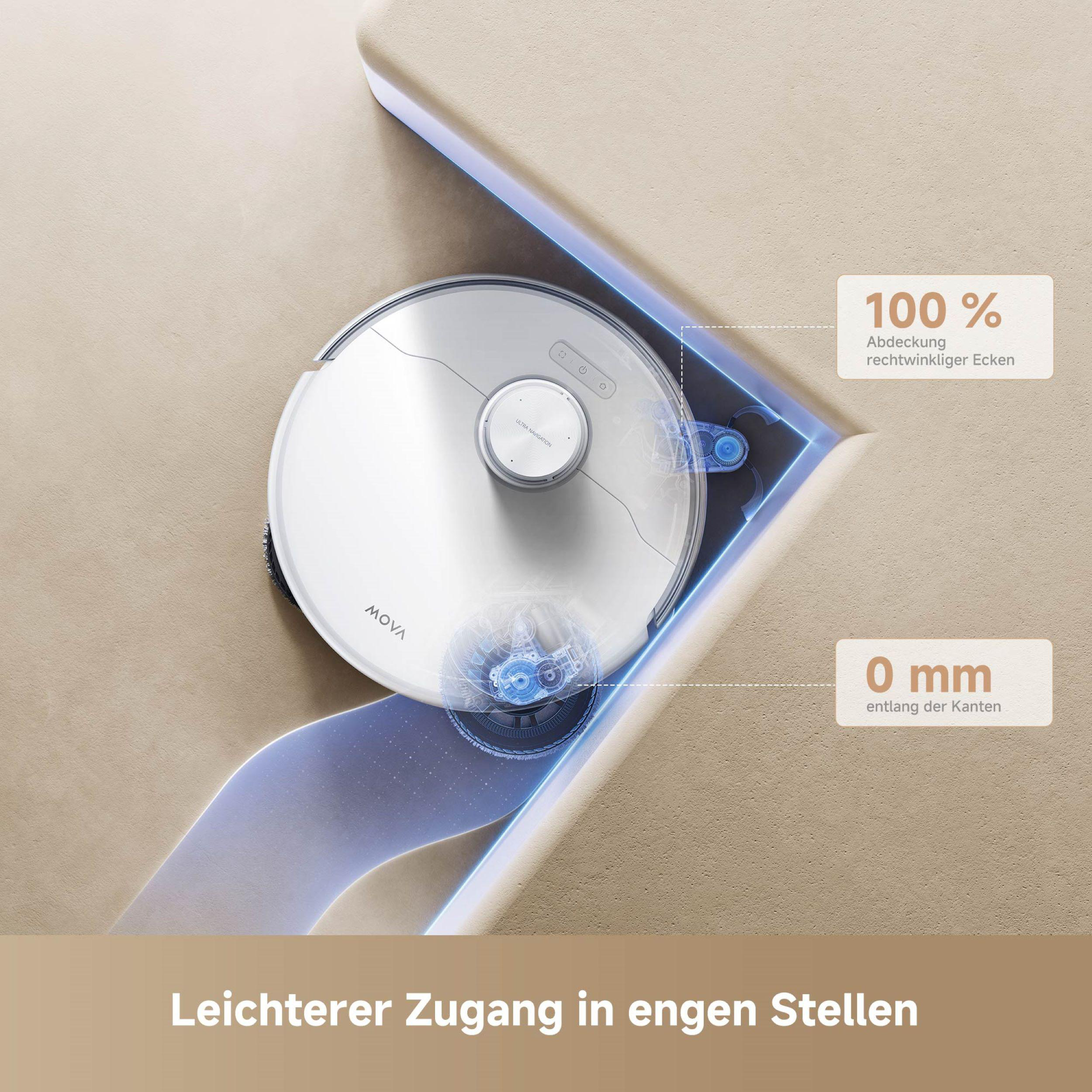 Roboter-Staubsauger in einer Ecke. Text-Overlay zeigt 100% und 0mm.