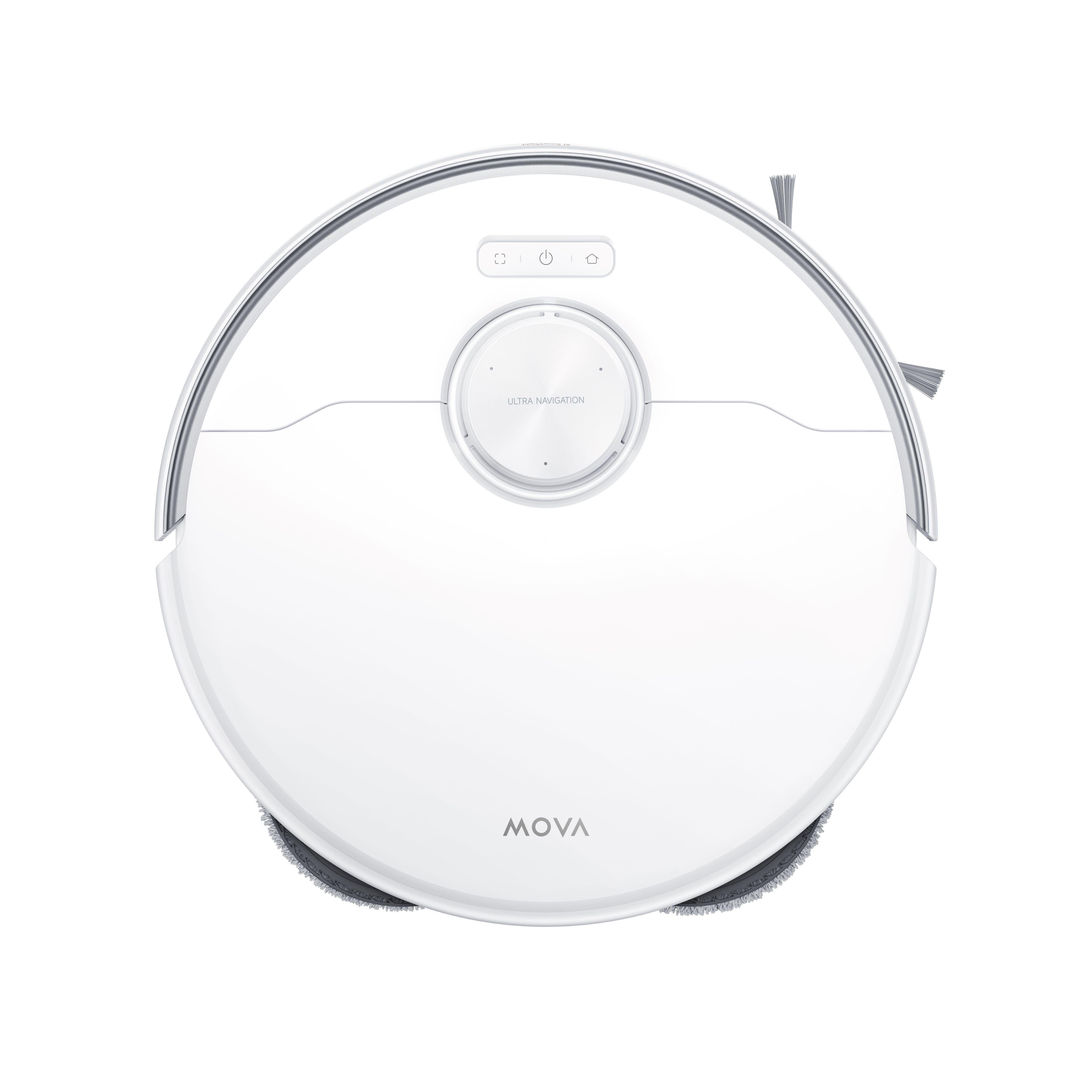 Weißer Roboter-Staubsauger mit kreisförmigem Design. Es verfügt über ein MOVA-Logo und Ultra Navigation.