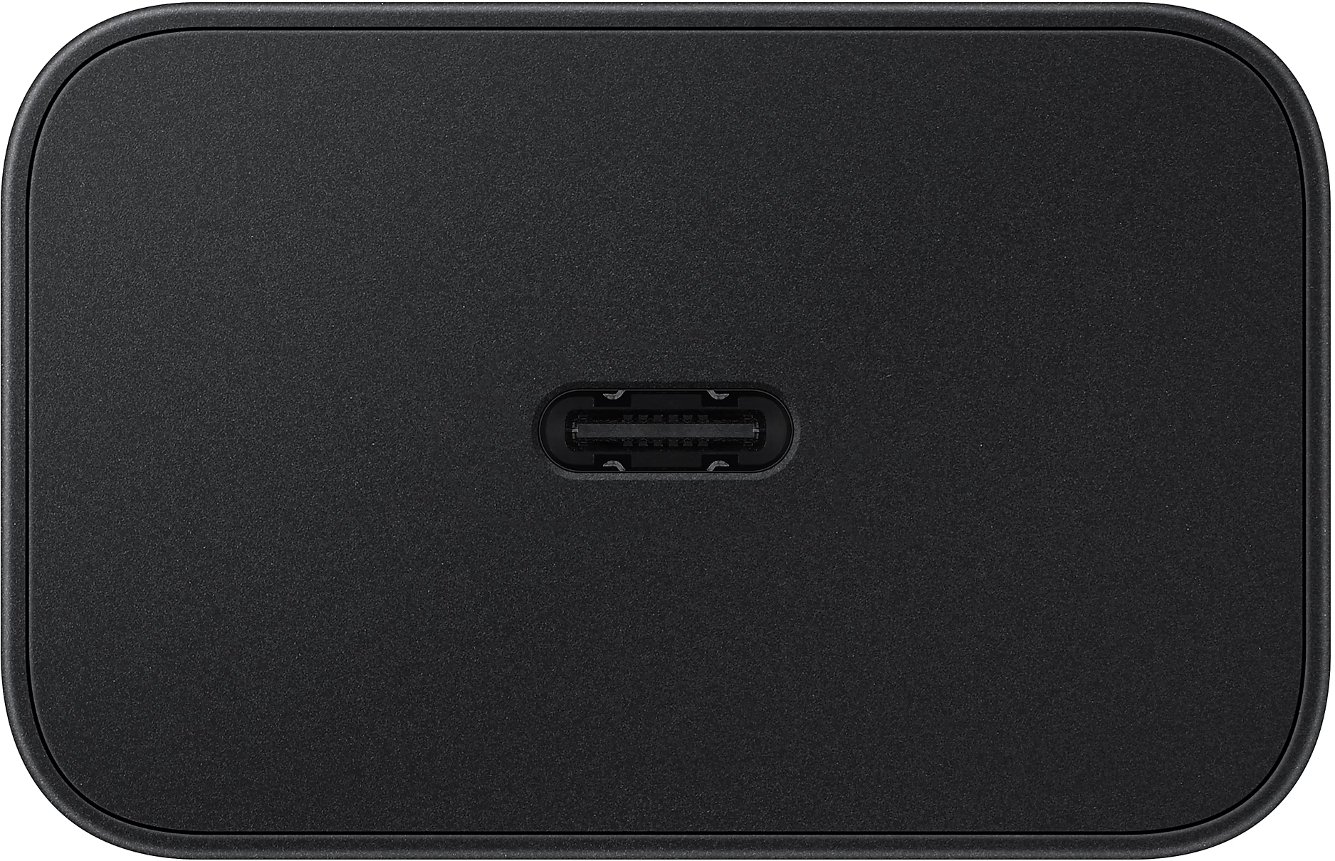Schwarzes Samsung Ladegerät mit einem USB-C-Anschluss.