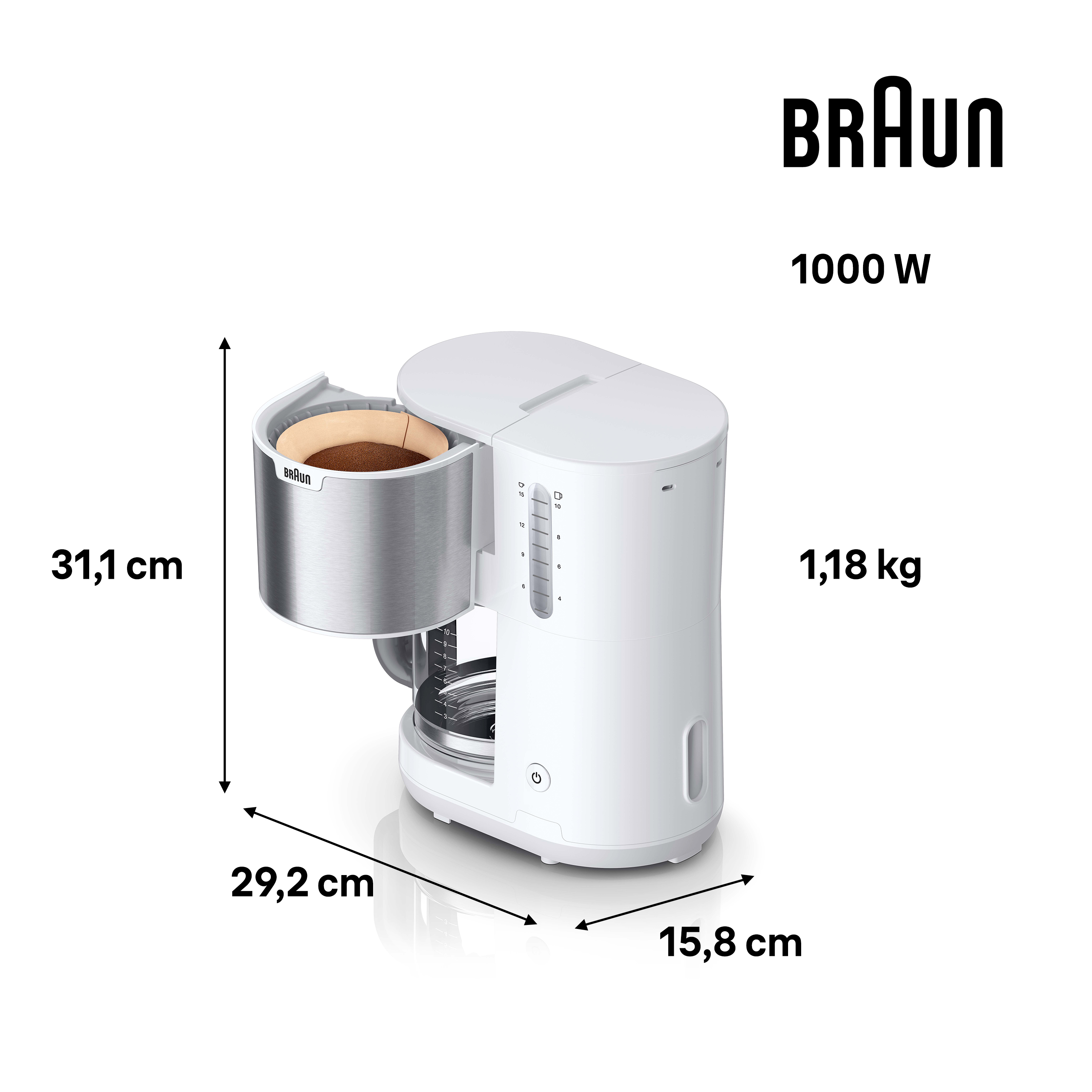 Weiße Kaffeemaschine mit Filterkorb. Messungen und Abmessungen sind im Bild dargestellt.
