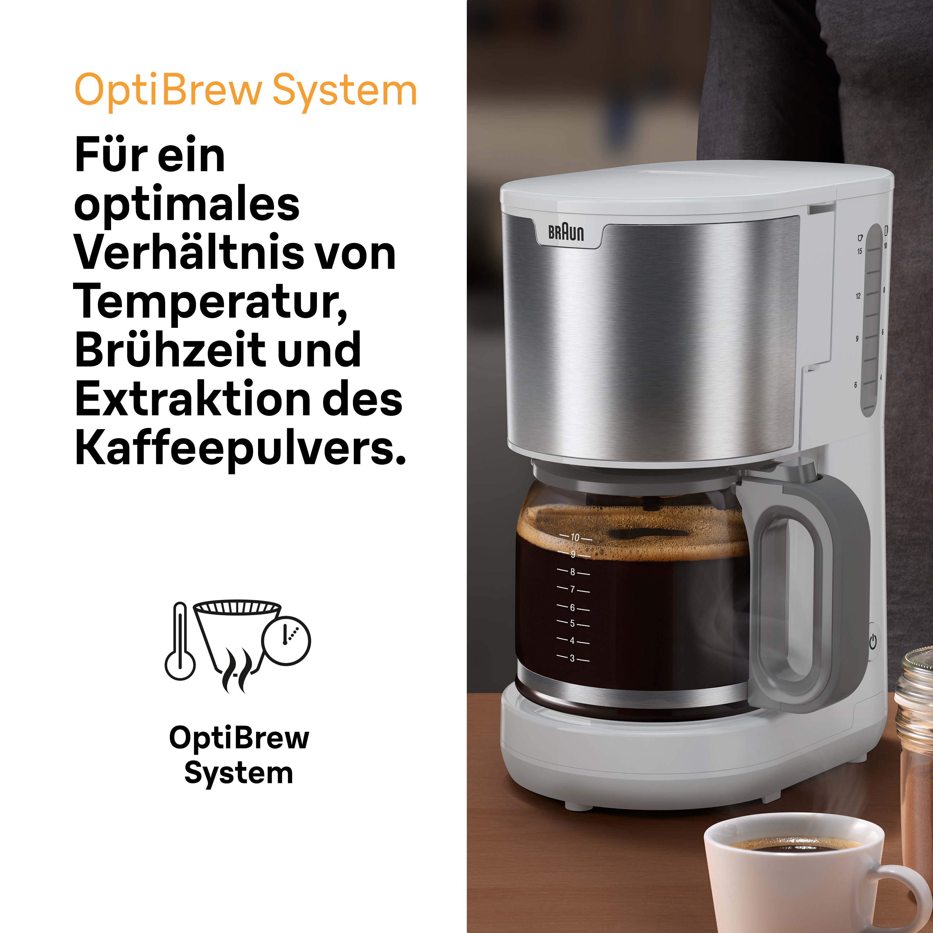Weißer Braun-Kaffeeautomat mit Text, der das OptiBrew-System erklärt.