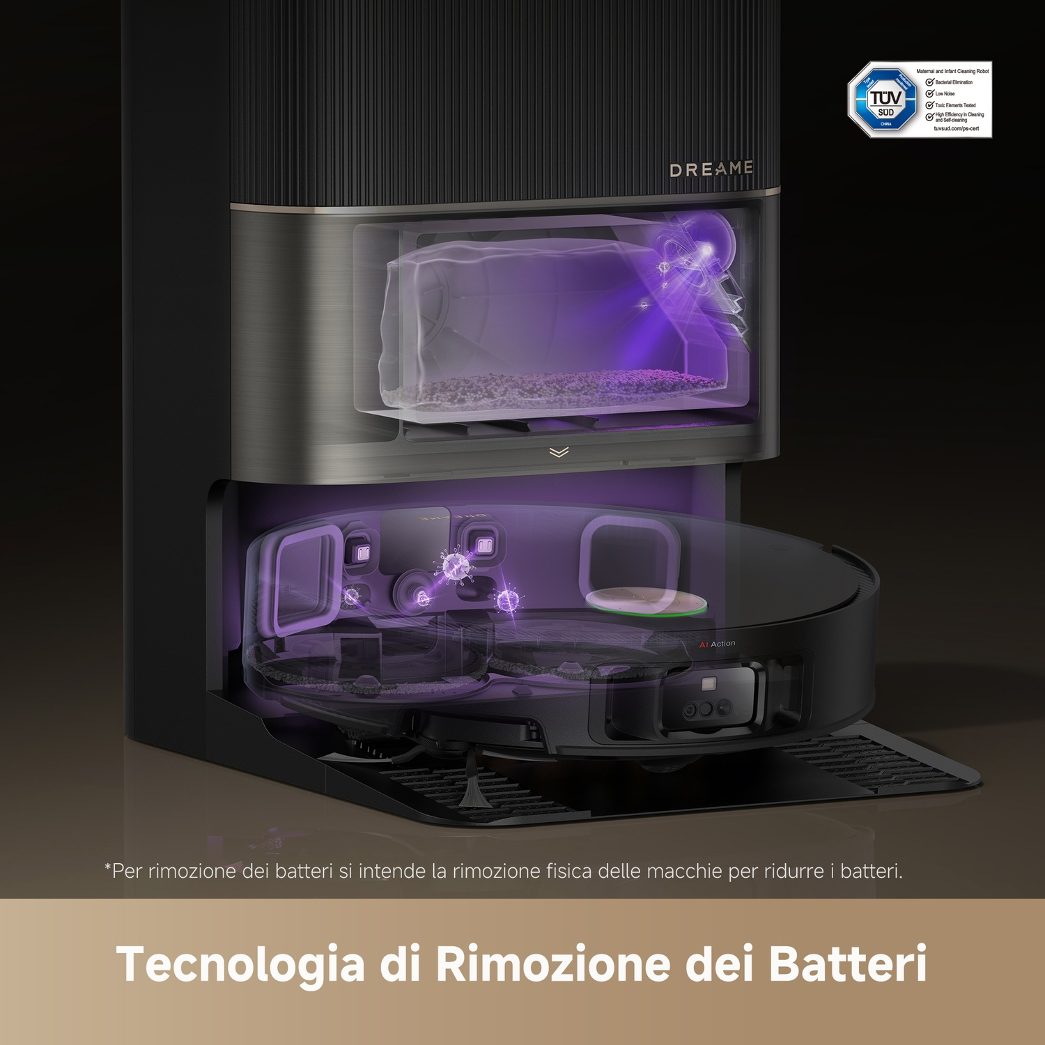 Un robot aspirapolvere e una stazione di ricarica. Una luce viola illumina l'interno dell'aspirapolvere.