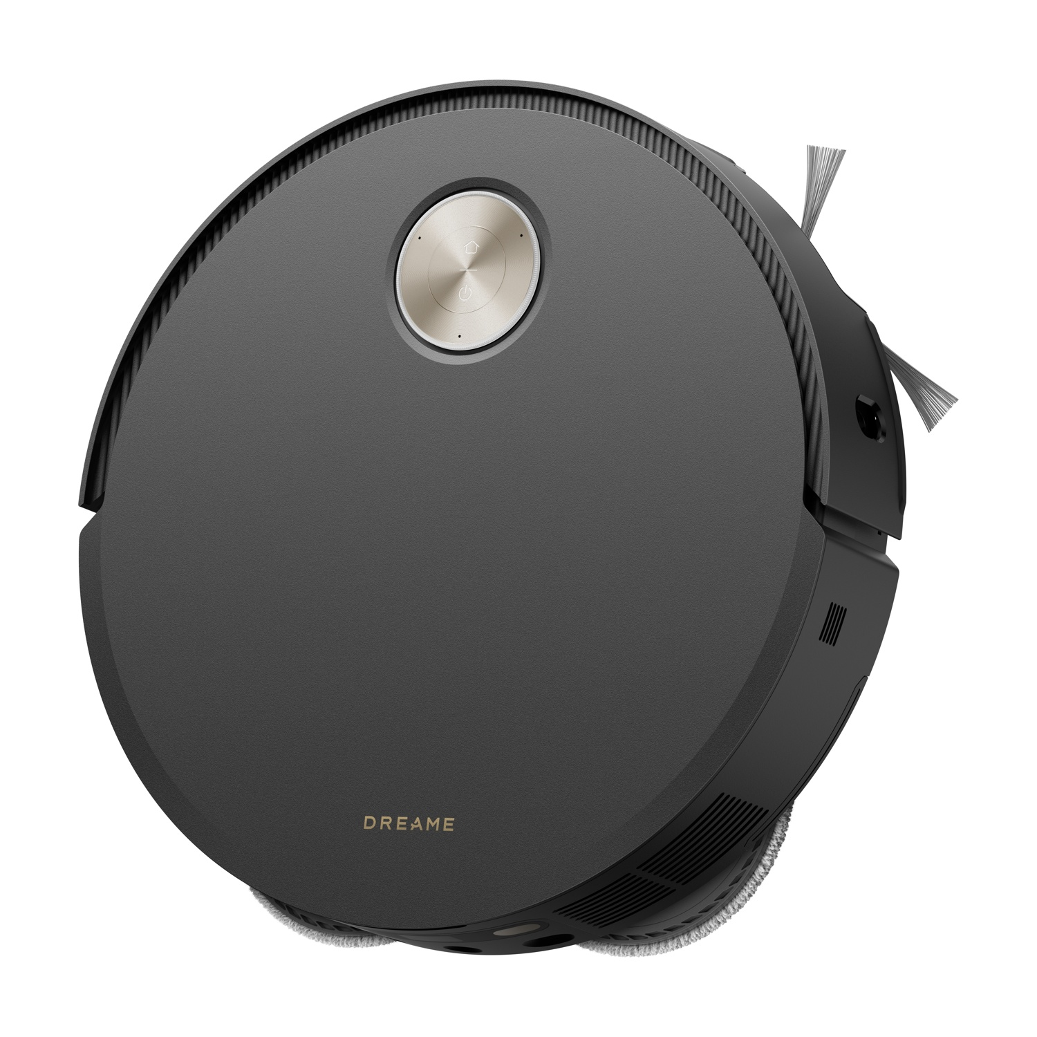 Aspirapolvere robot nero circolare. Vista dall'alto con pulsante dorato e spazzole laterali.