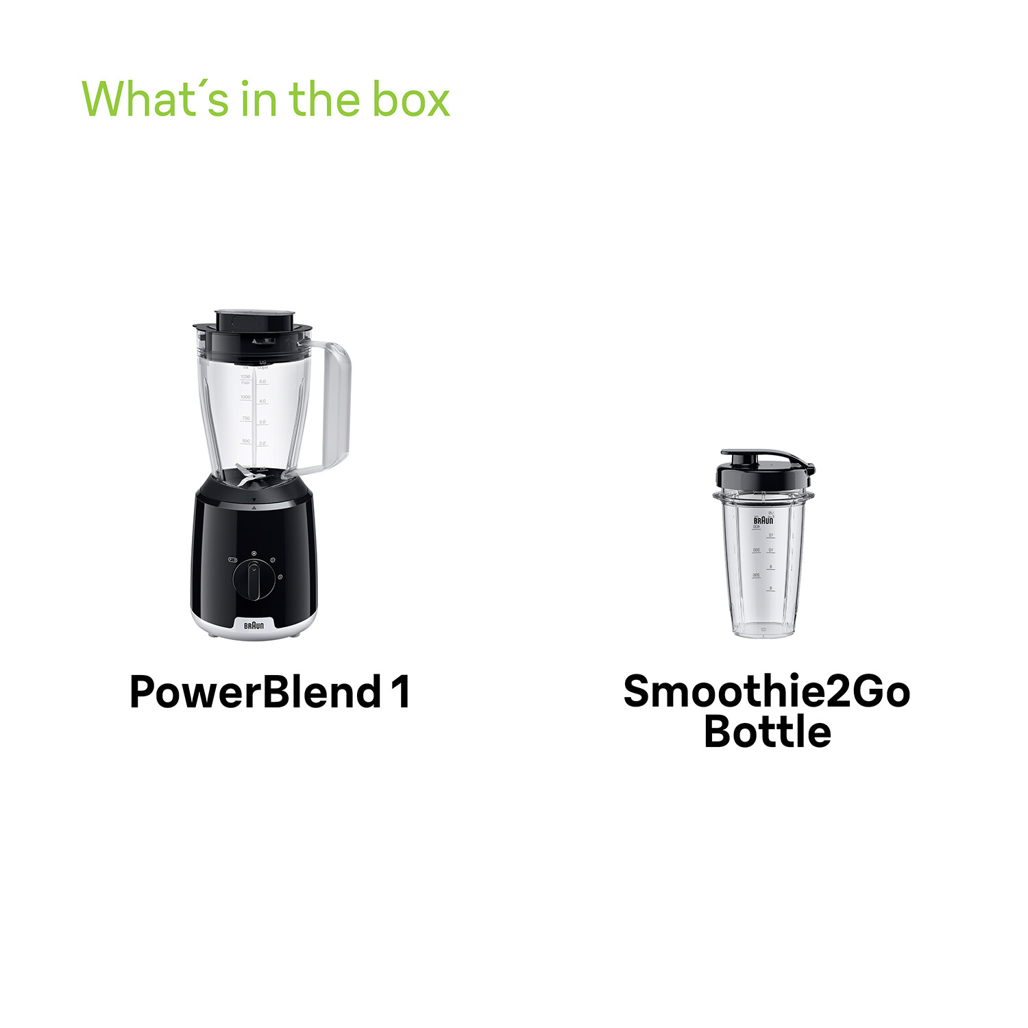 PowerBlend 1 Mixer und Smoothie2Go-Flasche in Weiß.