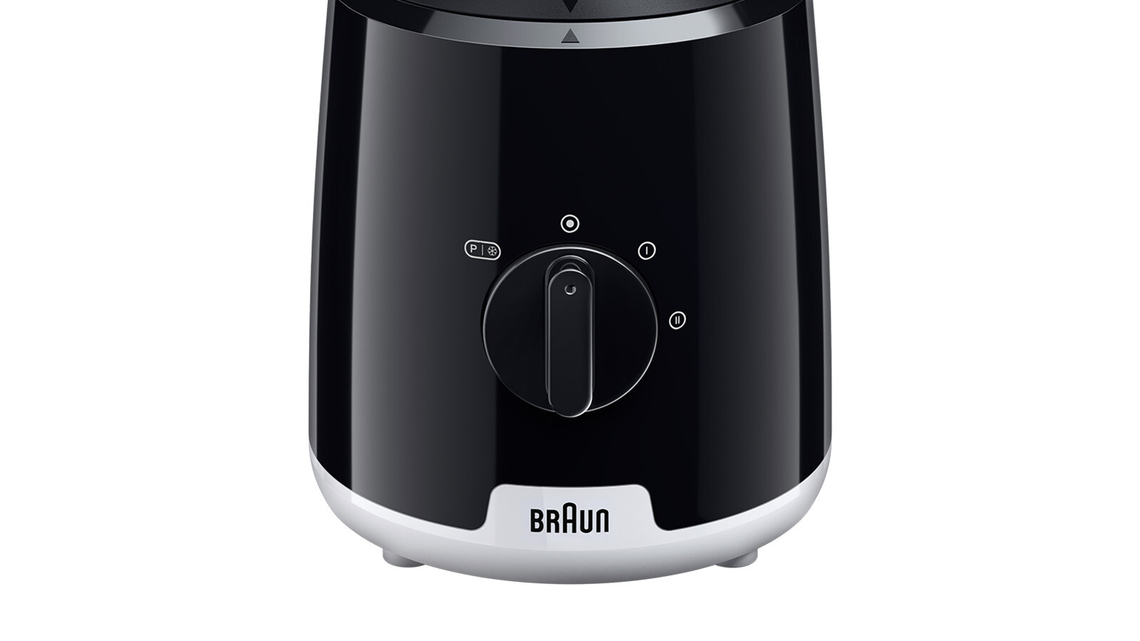 Schwarzer und weißer Mixer mit einem Drehregler und dem Braun-Logo vorne.