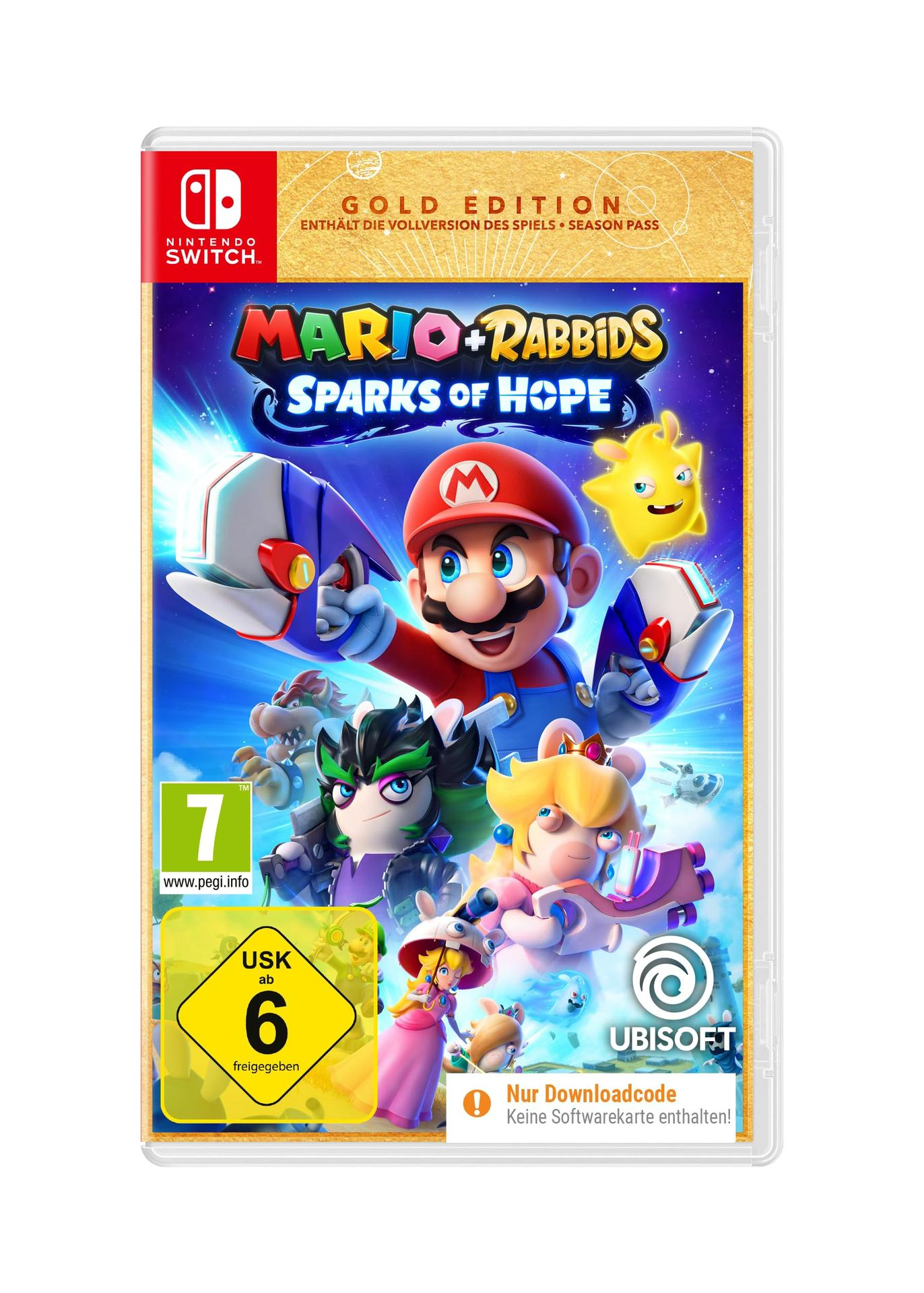 Nintendo Switch Spielebox: Mario + Rabbids, Sparks of Hope, mit Charakteren.