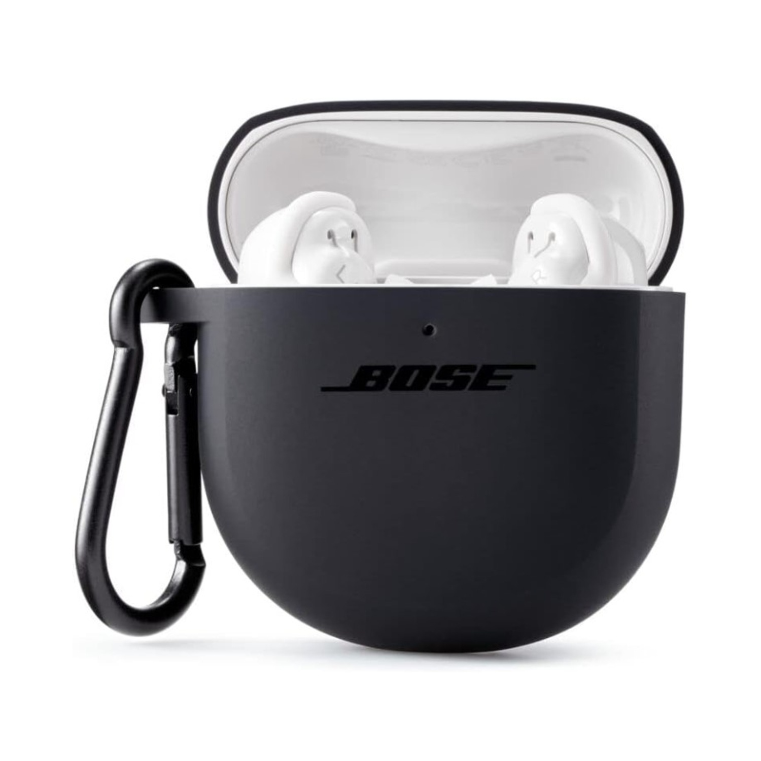 Auricolari Bose neri in una custodia di ricarica. La custodia è aperta, mostrando gli auricolari bianchi.