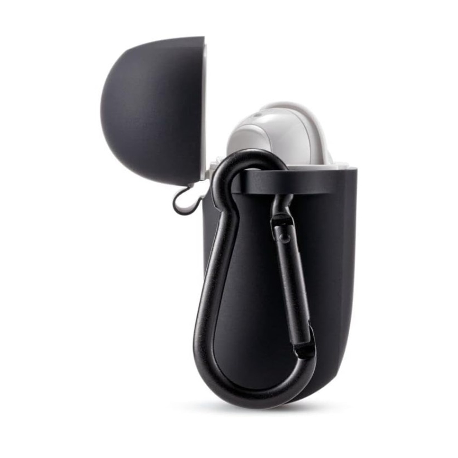 Custodia per auricolari nera, aperta con moschettone attaccato. Gli auricolari bianchi sono visibili all'interno della custodia.