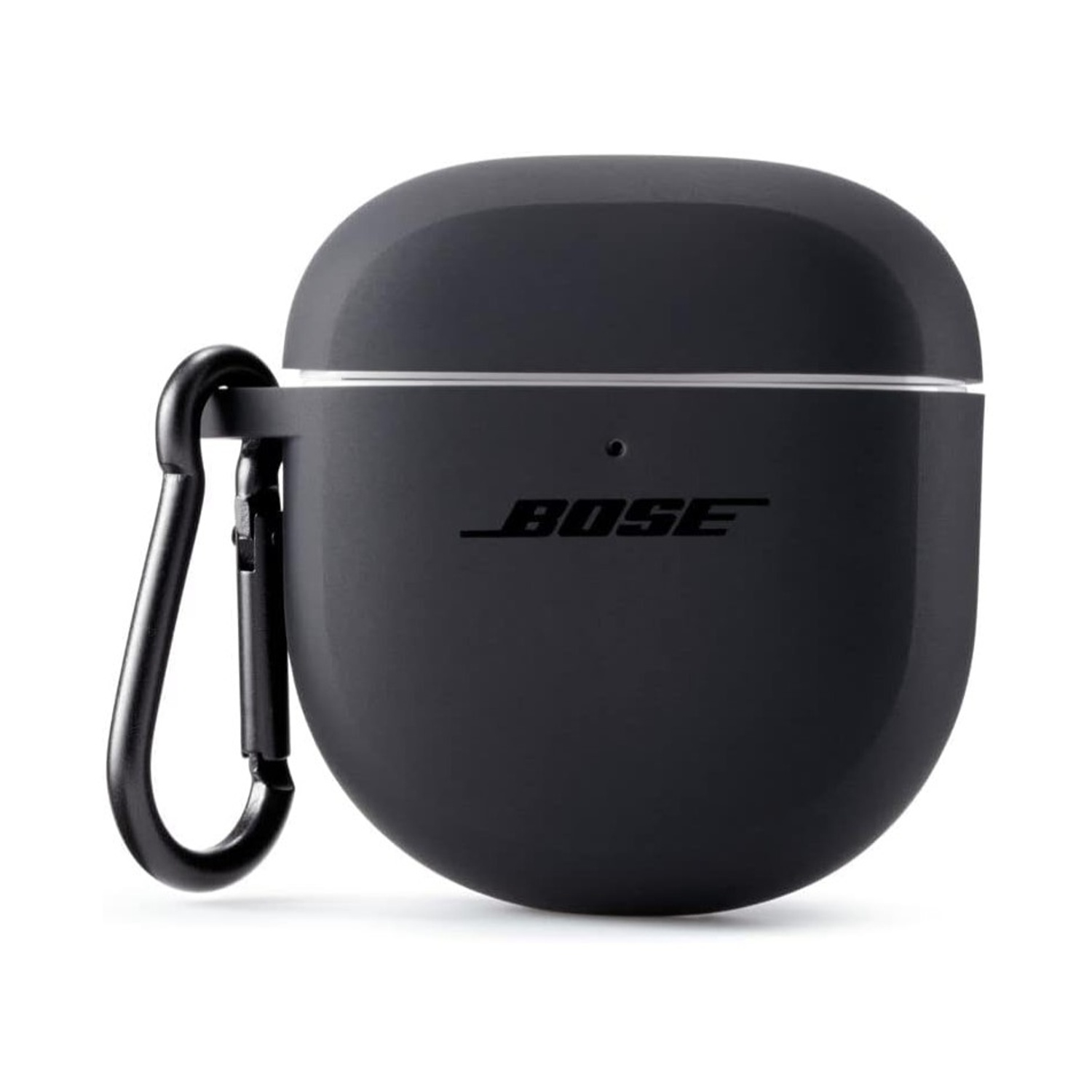 Custodia nera per auricolari Bose con moschettone. La custodia ha il logo Bose.