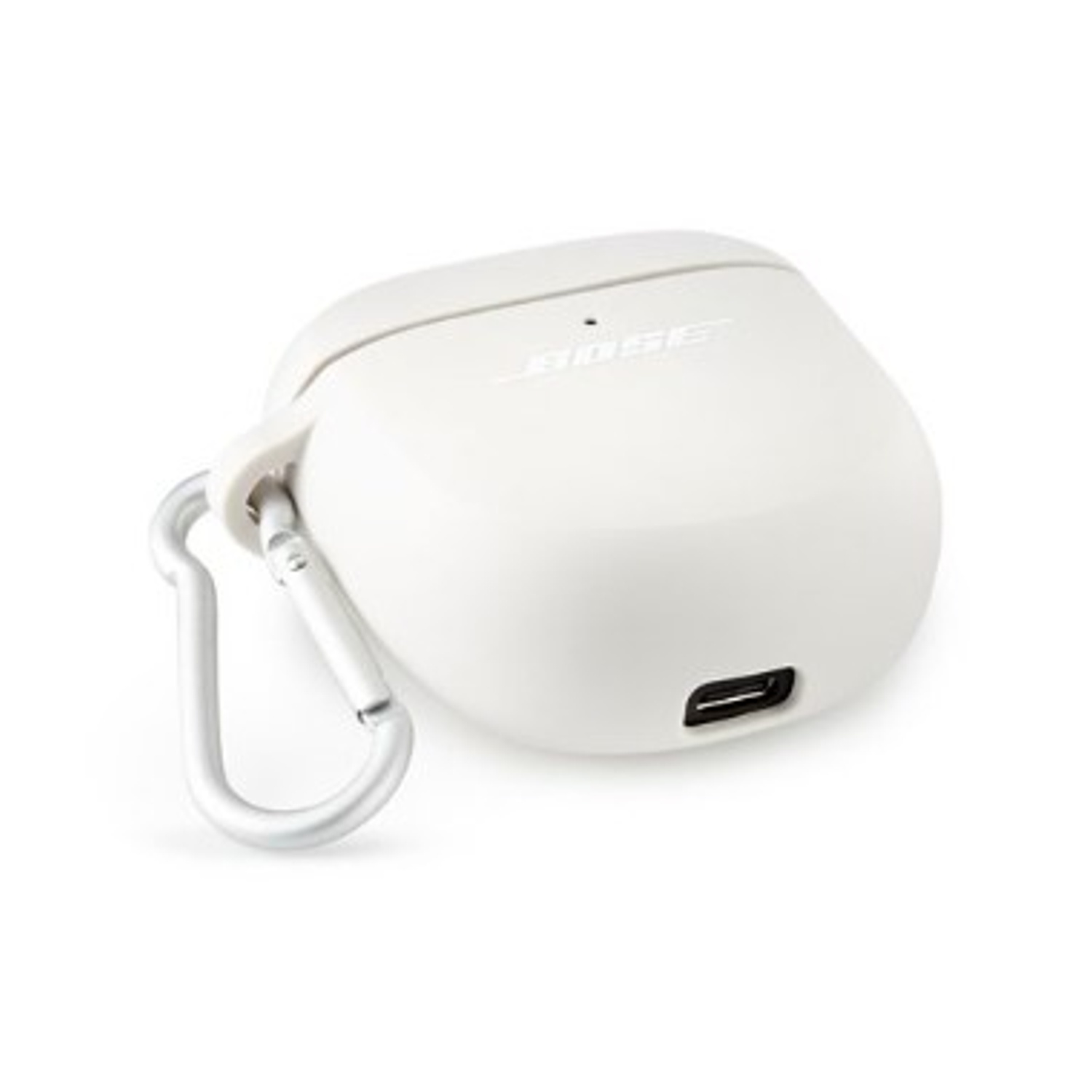 Custodia bianca per auricolari con moschettone argentato e porta di ricarica.