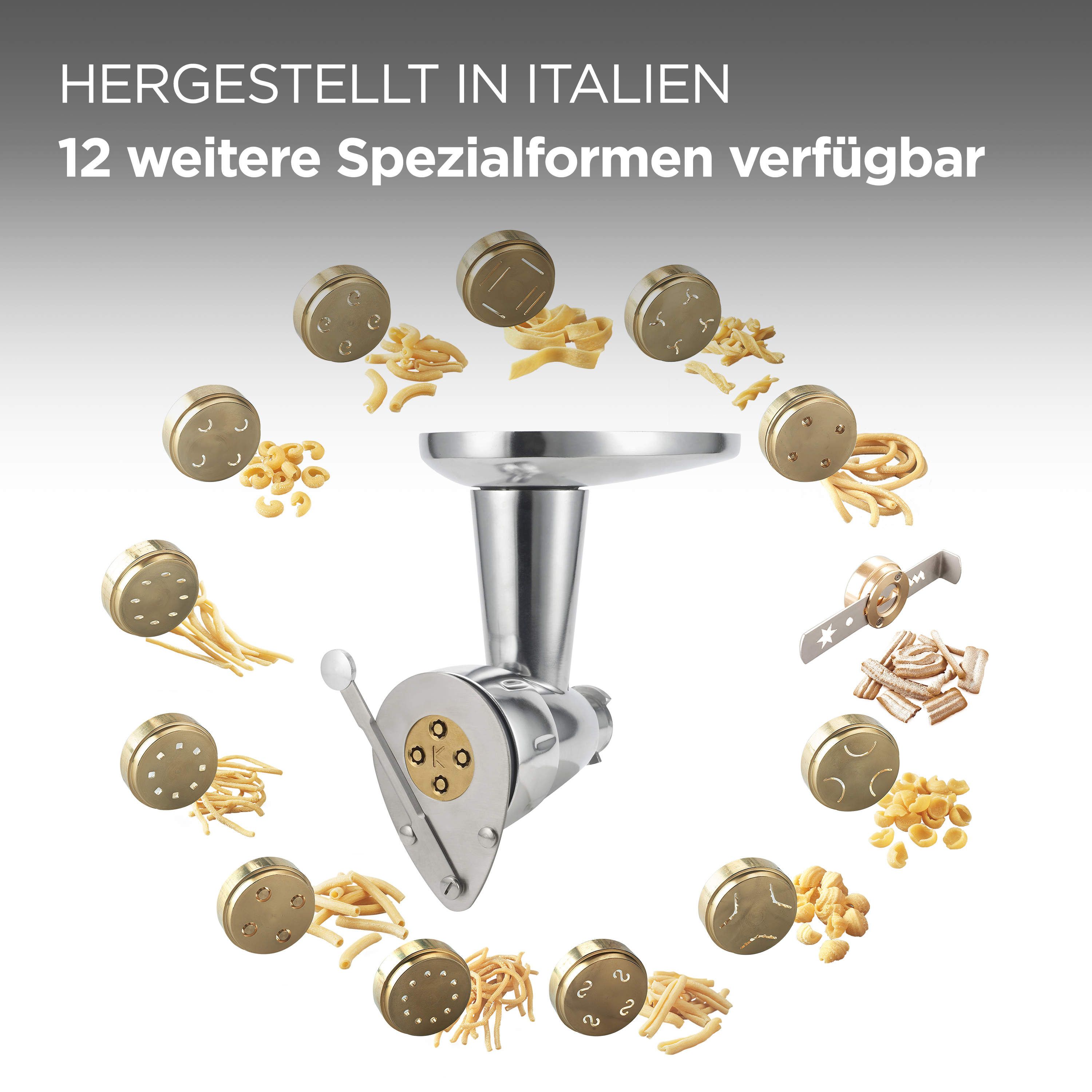 Nudelmaschine mit Nudelformen in einem Kreis.