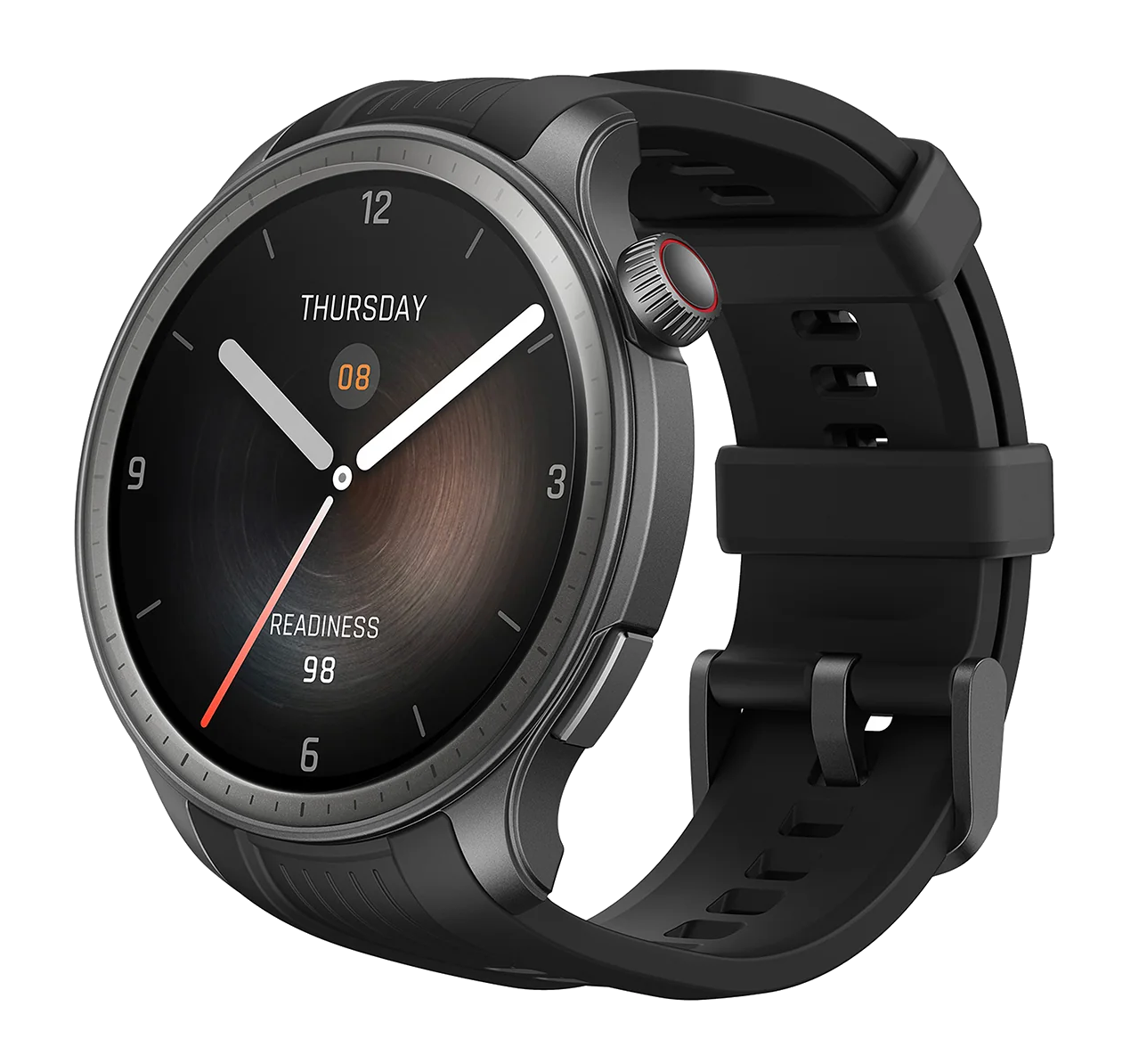 Smartwatch mit schwarzem Armband, zeigt Zeit und Bereitschaftsniveau.