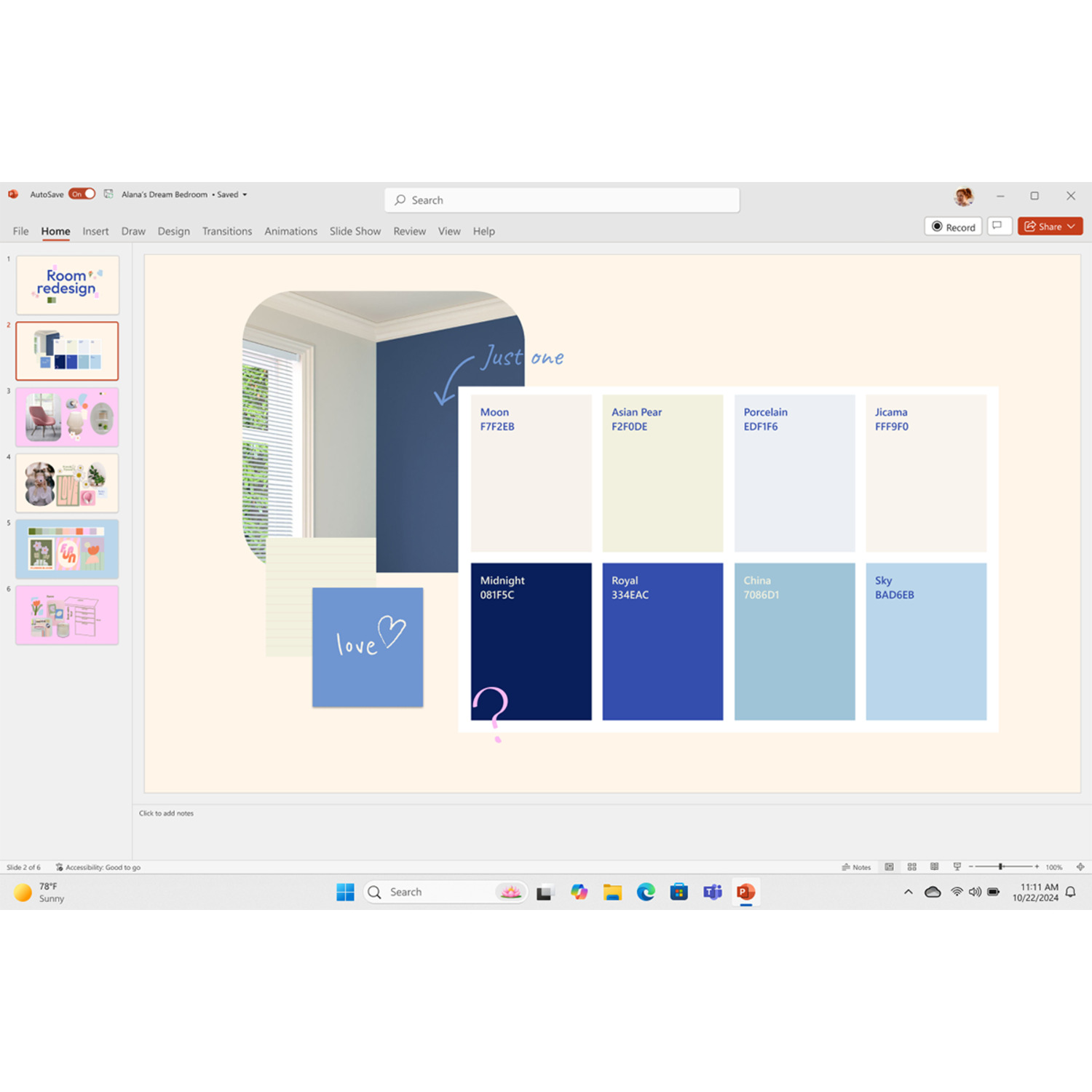 PowerPoint-dia met kleuren. Blauwe, beige en roze thema's worden gepresenteerd.