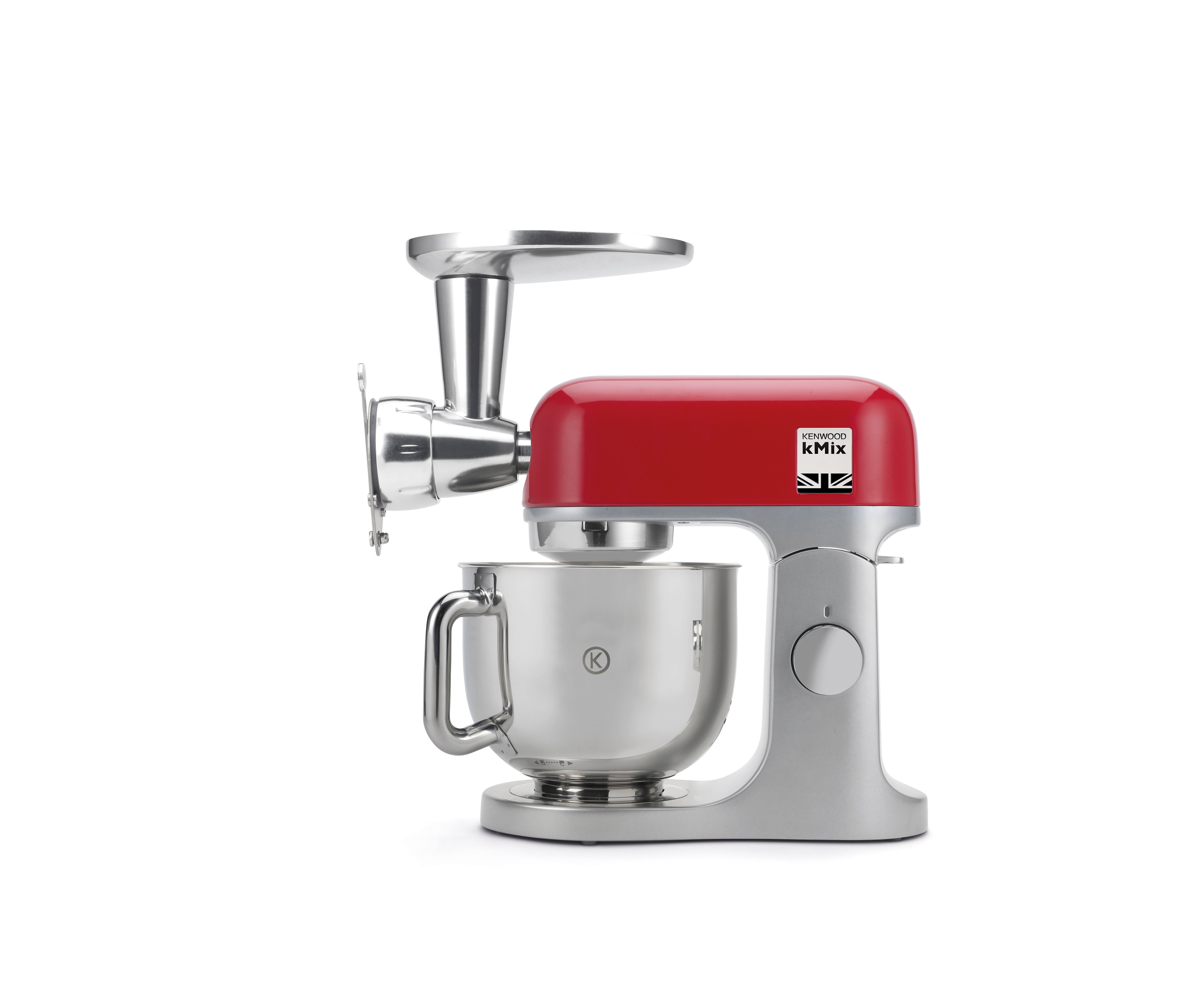 Roter und silberner Küchenmixer mit Aufsätzen, zeigt Schüssel und Fleischwolf. Weißer Hintergrund.