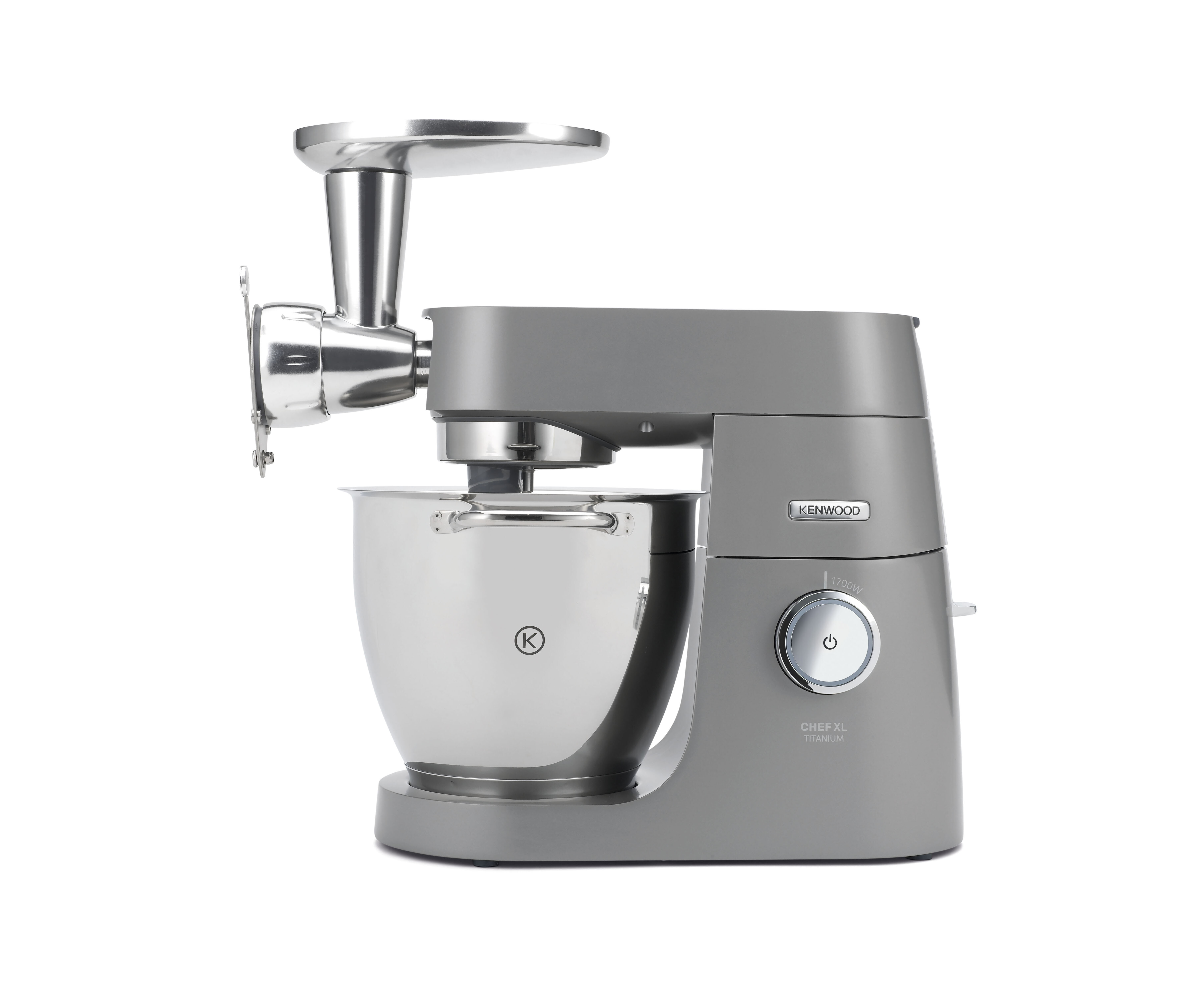 Ein grauer Mixer mit einer Schüssel und einem Aufsatz.