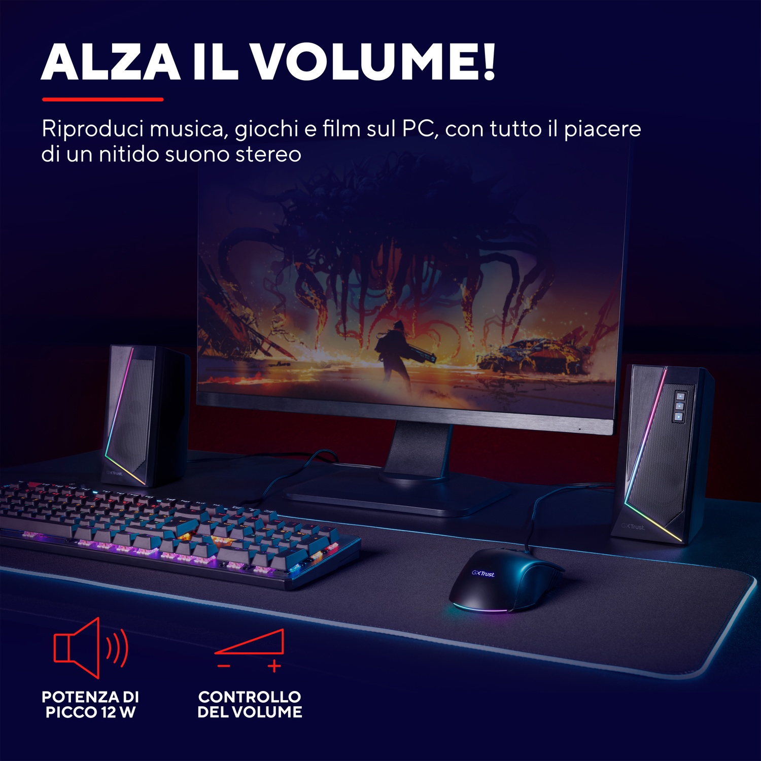 Un'installazione di gioco con altoparlanti, tastiera, mouse e monitor.