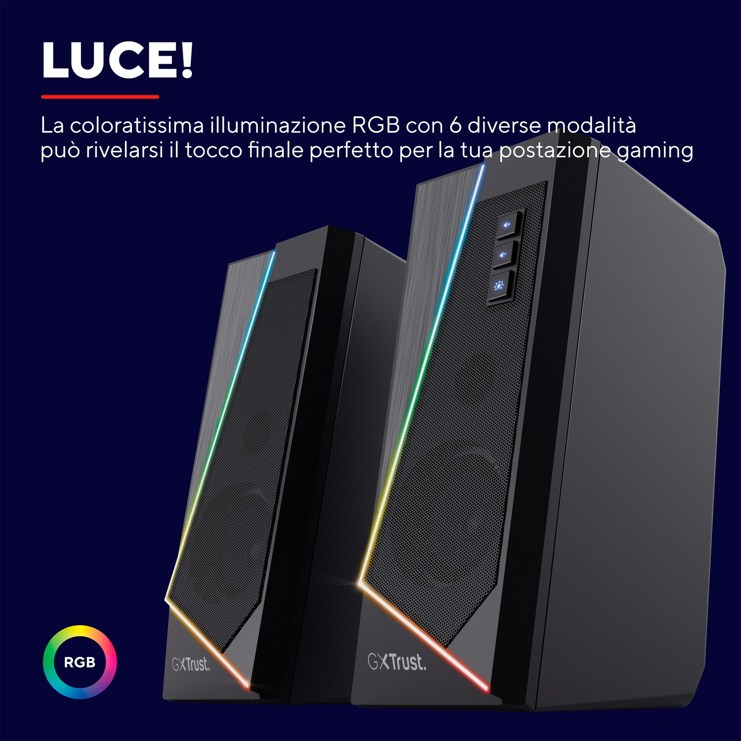 Due altoparlanti neri con illuminazione RGB su sfondo blu.