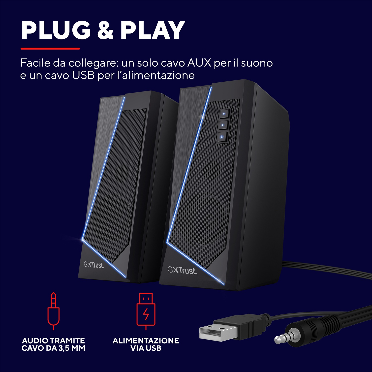 Due altoparlanti per computer neri con dettagli blu. Vengono mostrati un cavo USB e un cavo audio da 3,5 mm.