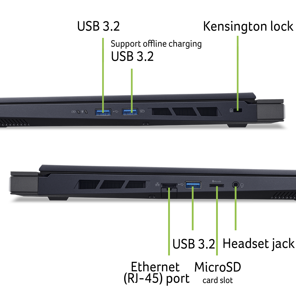 Primer plano del lateral de un portátil con puertos. Puertos USB, HDMI y audio están etiquetados con líneas verdes.