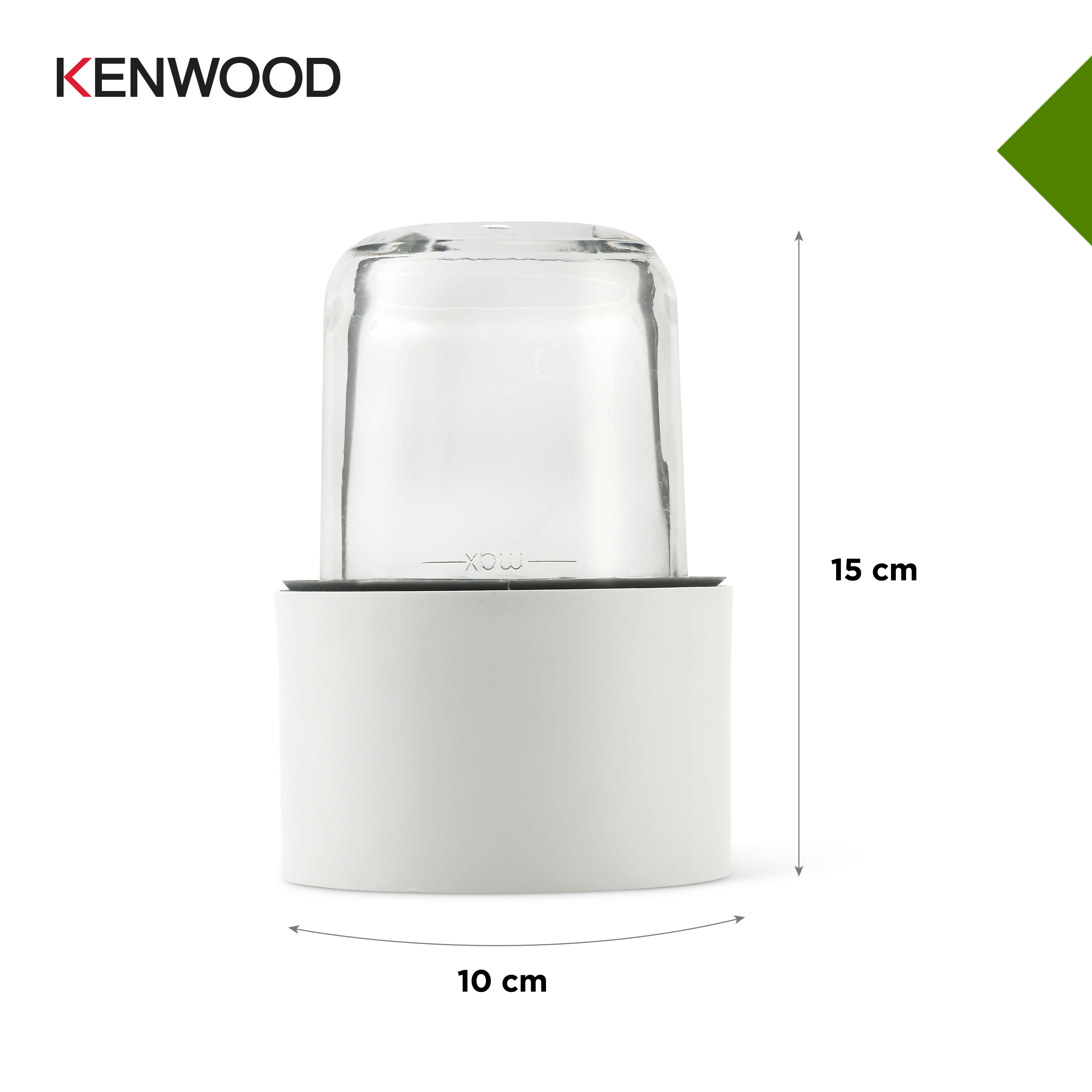 Ein Kenwood-Mixer. Ein durchsichtiges Glasgefäß steht auf einem weißen Sockel, mit Abmessungen in cm.