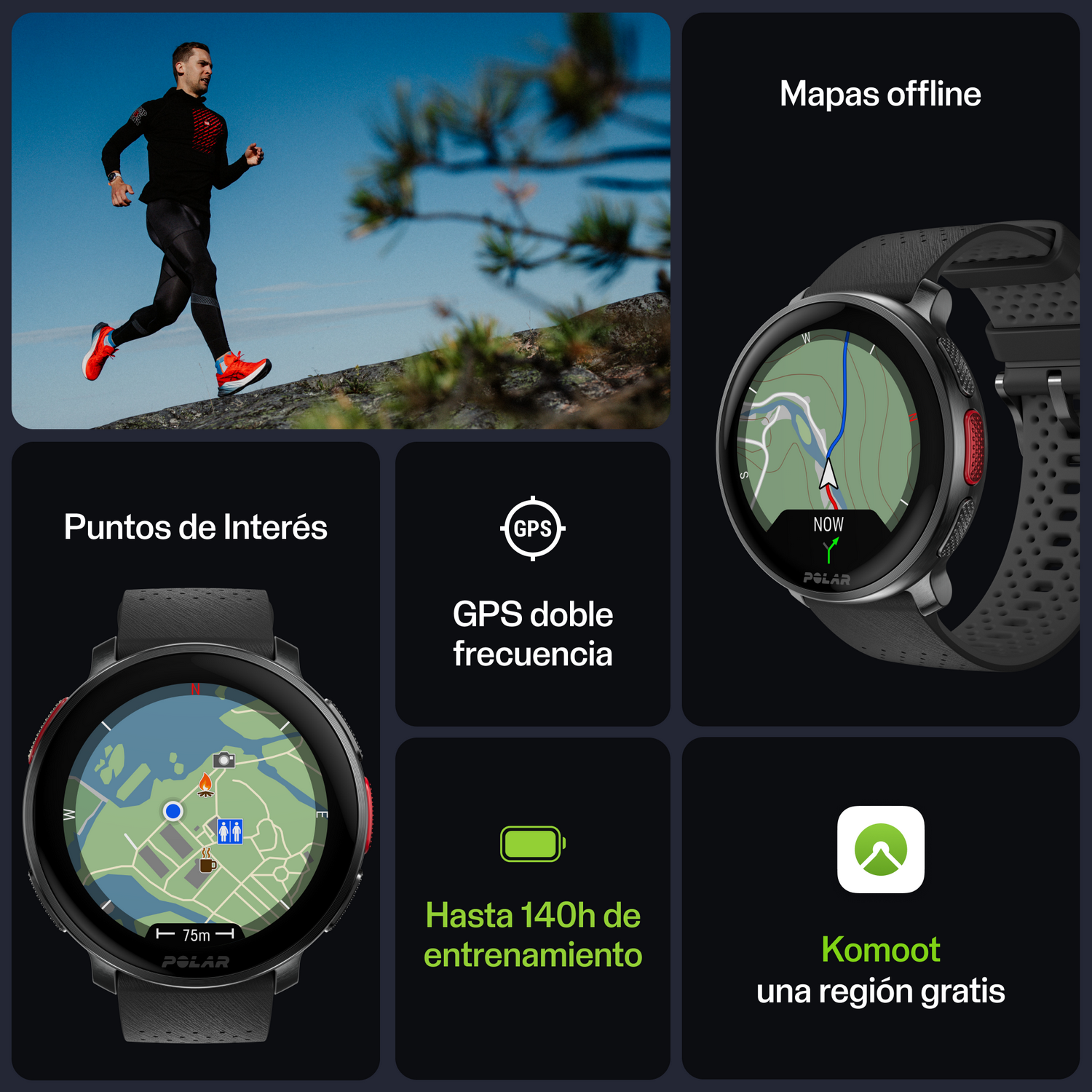 Un reloj inteligente con un mapa y varios iconos. Un hombre corriendo.