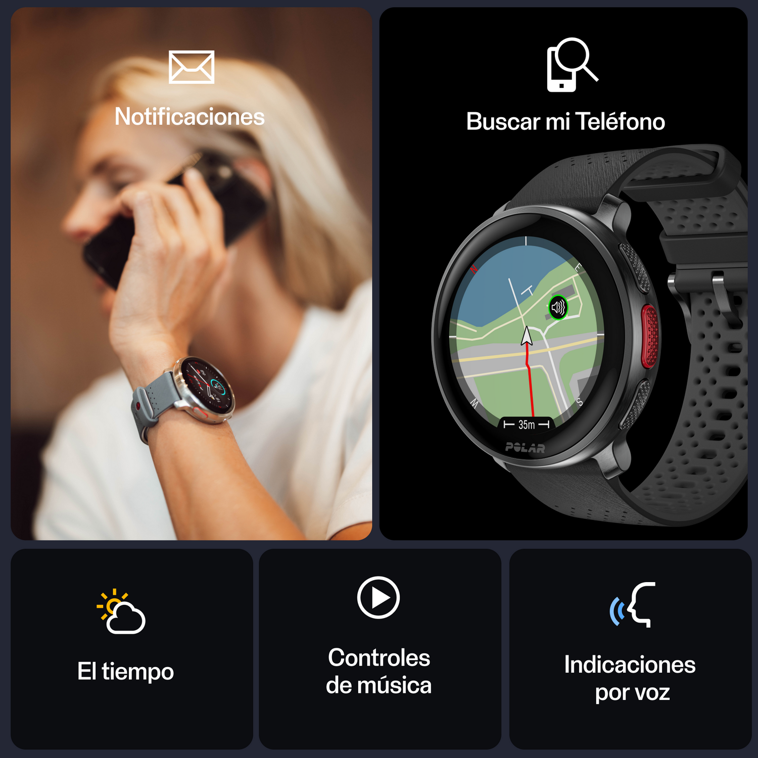 Una mujer sostiene un teléfono y un reloj inteligente en la muñeca.