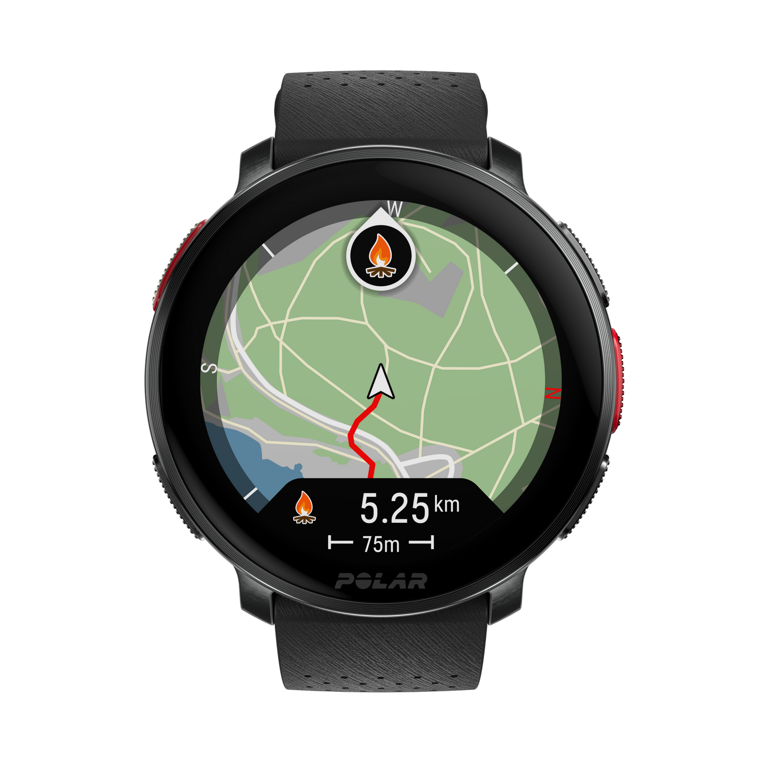 Un smartwatch Polar que muestra un mapa con una ruta y estadísticas.