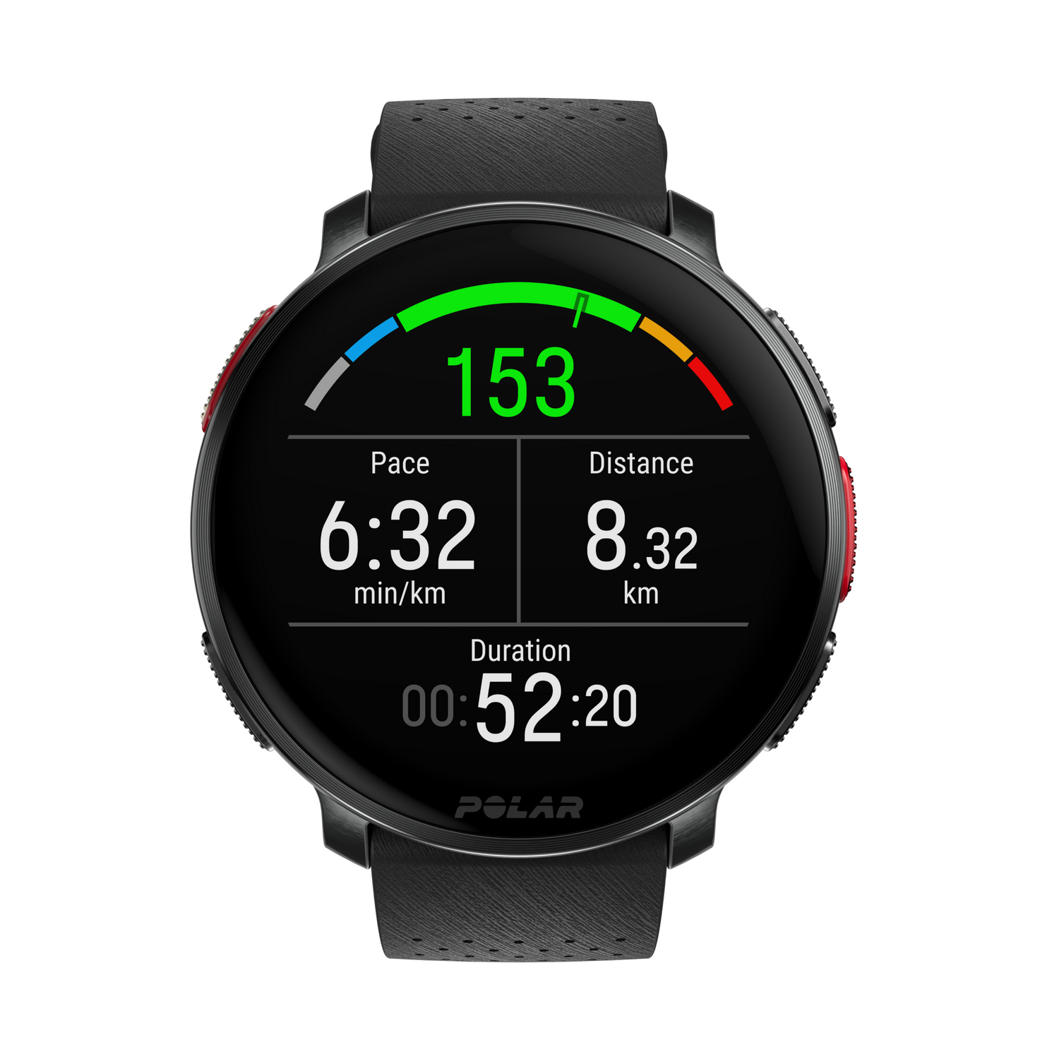 Smartwatch negra mostrando ritmo, distancia, duración y datos de frecuencia cardíaca. Fondo blanco.