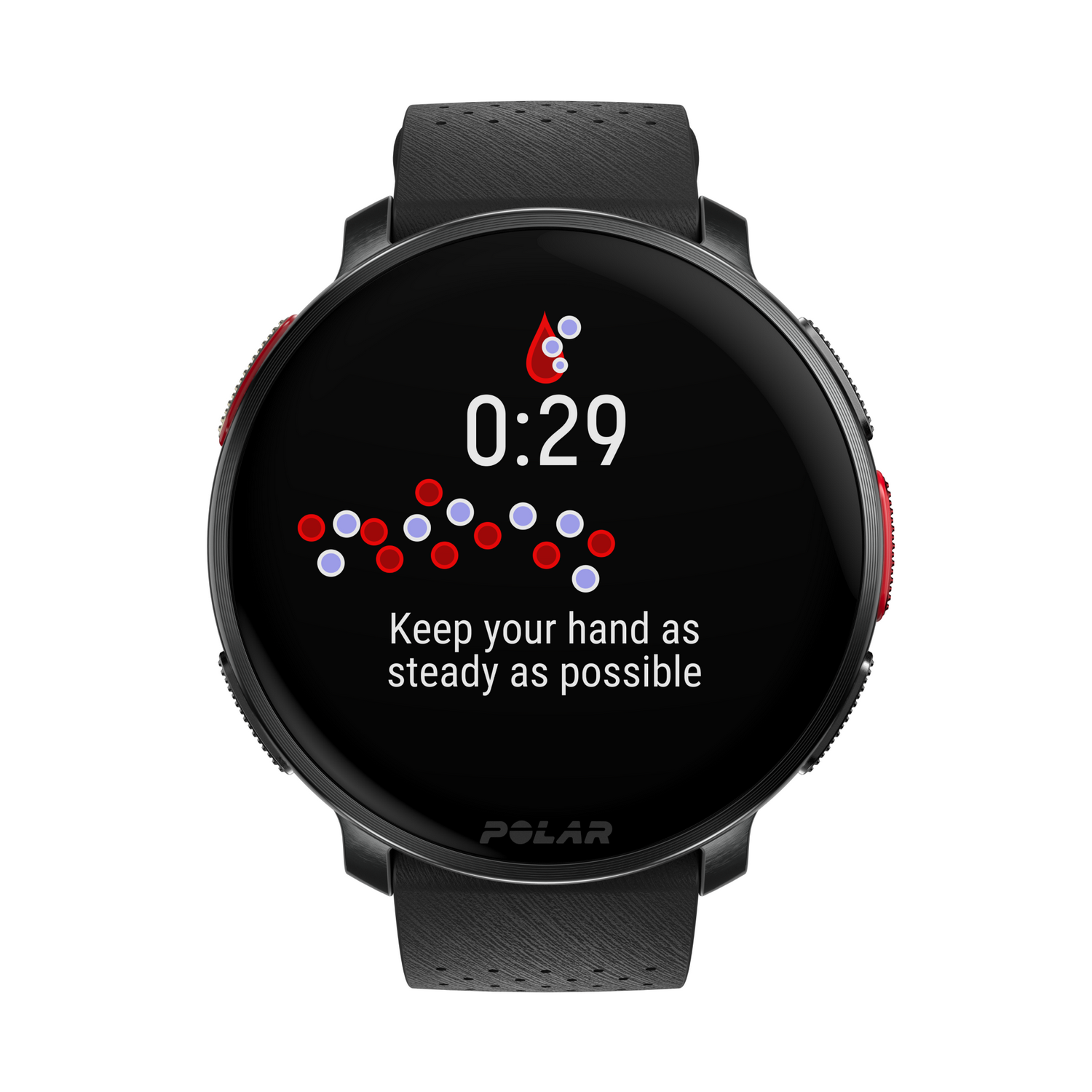 Un reloj inteligente Polar negro con pantalla redonda, que muestra la hora y los datos de frecuencia cardíaca.