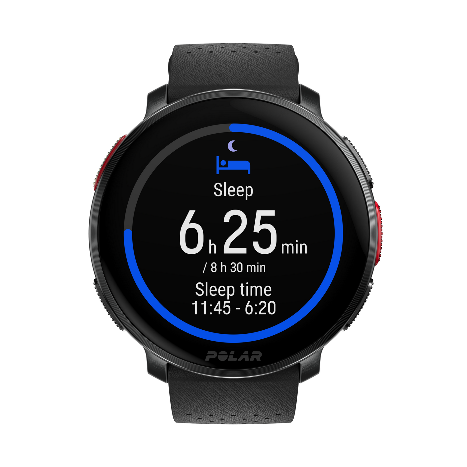 Un reloj inteligente negro que muestra datos de sueño: 6.25 min de sueño, total 8h 30min, hora de dormir 11:45-6:20.